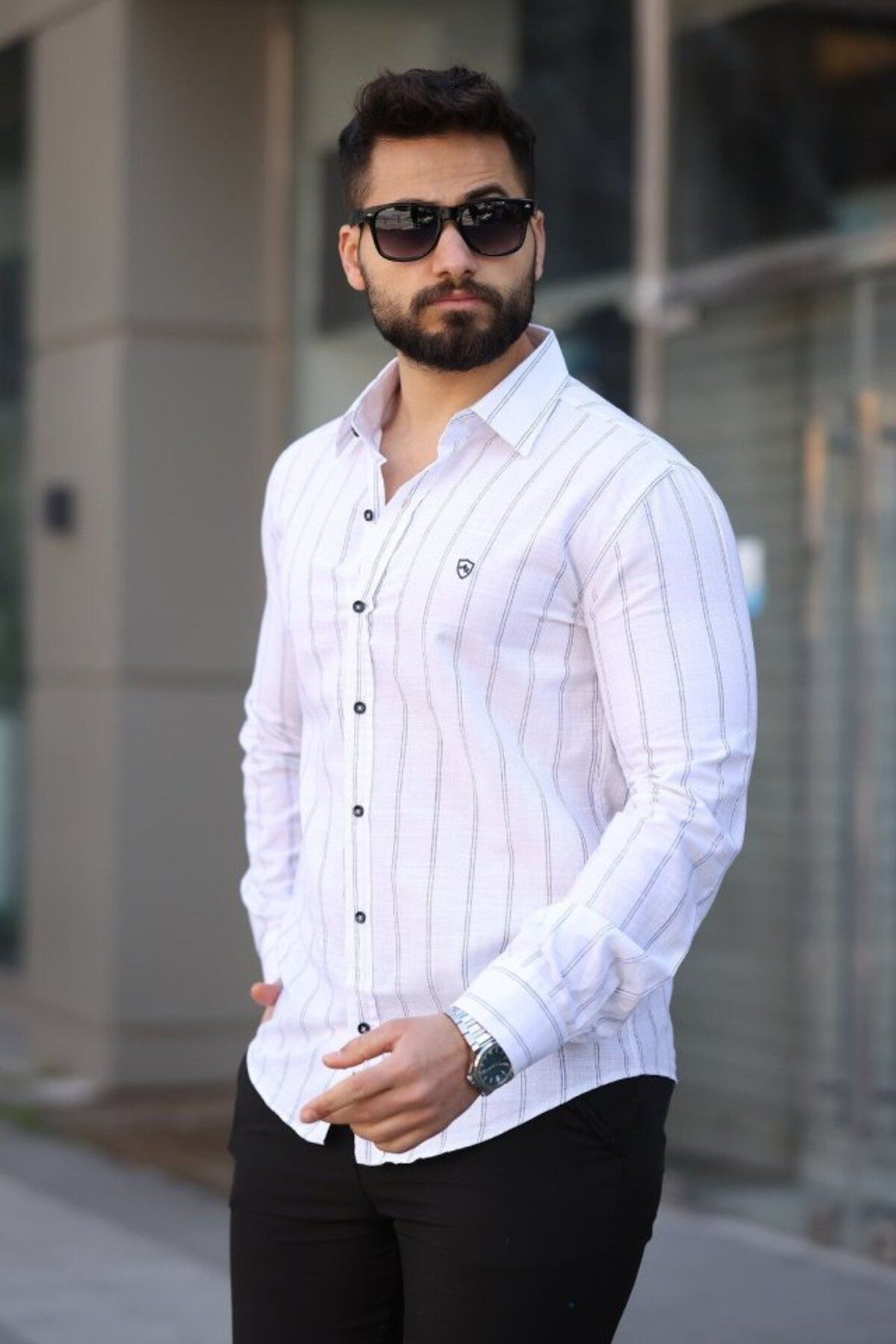 ARUZ MODA Erkek Pamuklu Çizgi Desenli Gömlek