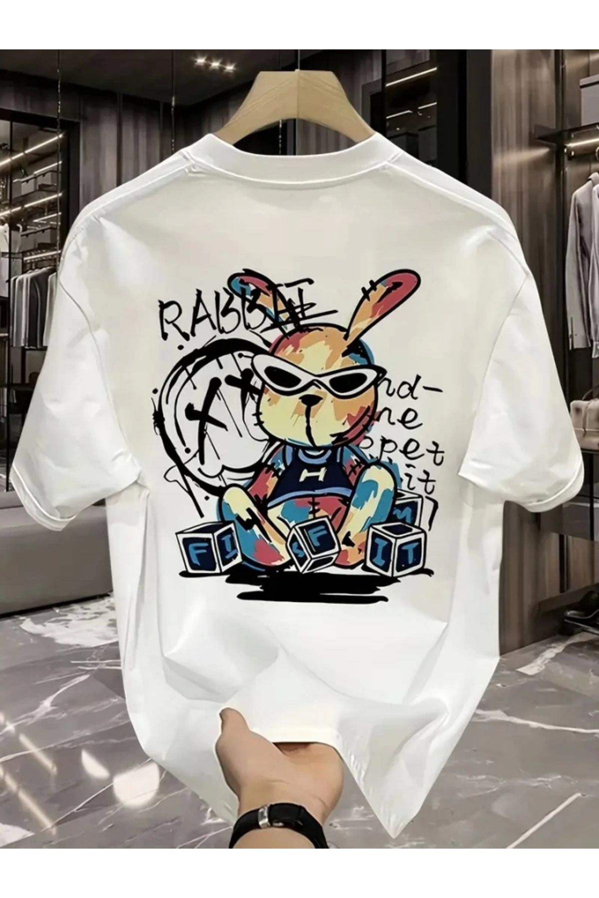 anizmir Baskılı Oversize Bisiklet Yaka T-shirt - Beyaz