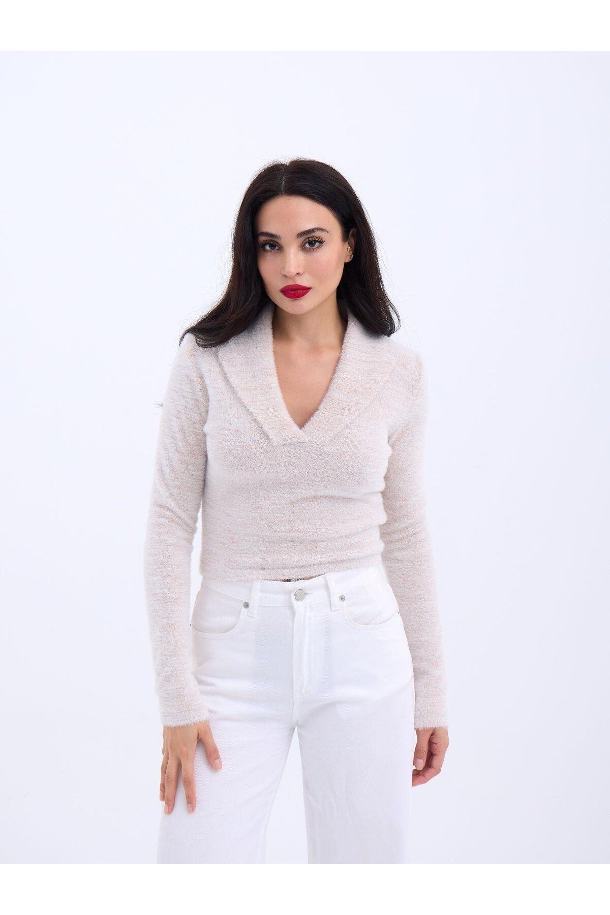anizmir 42531 TRİKO SİMLİ YAKALI CROP-EKRU