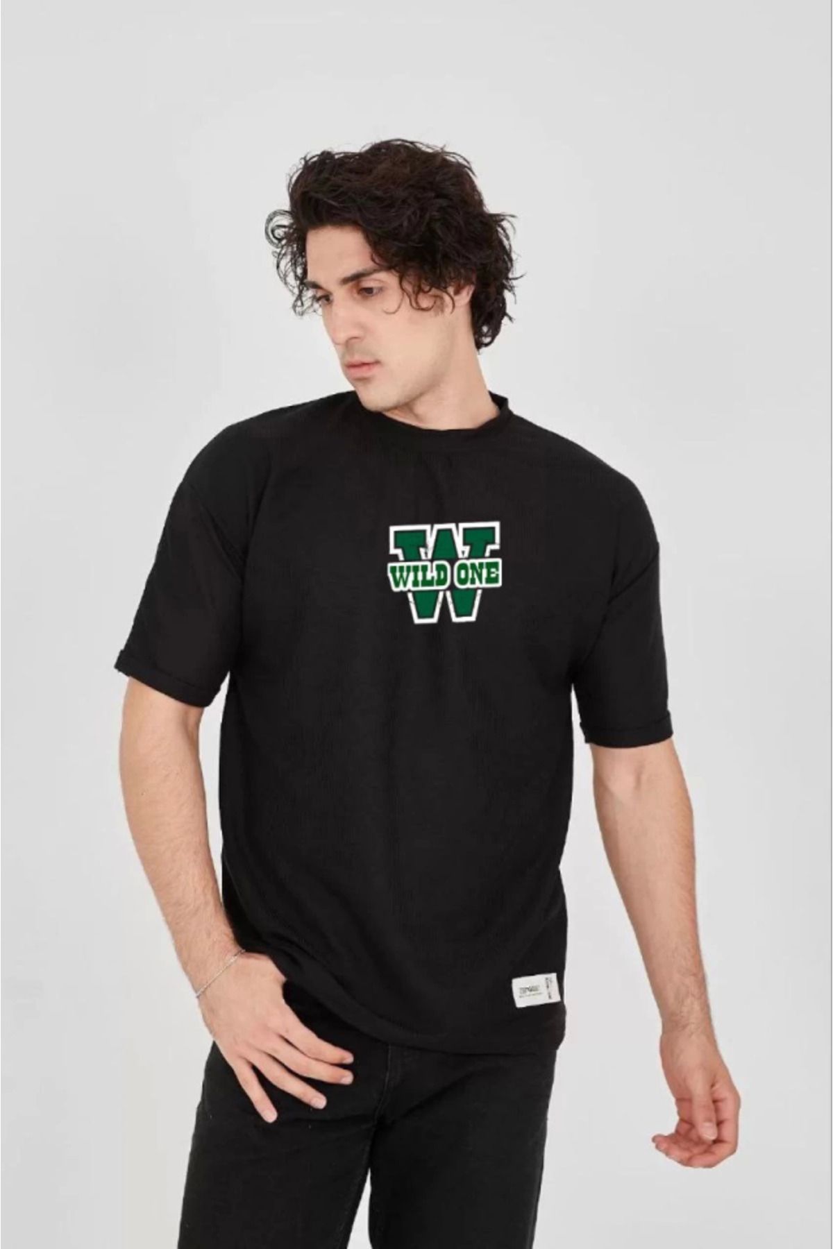 anizmir Unisex Waffle Kumaş Çift Katlamalı Kol Baskılı T-Shirt - Siyah