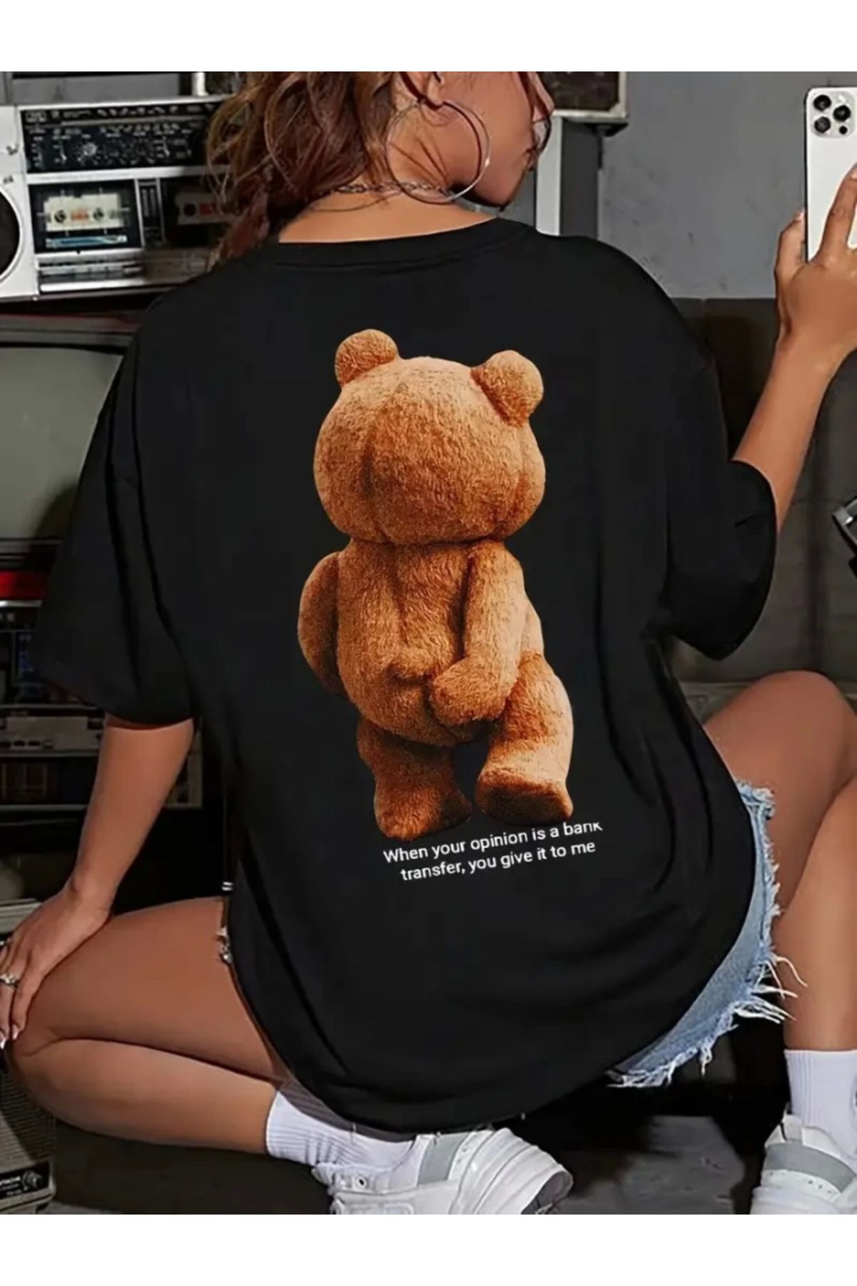 anizmir Baskılı Oversize Bisiklet Yaka T-shirt - Siyah