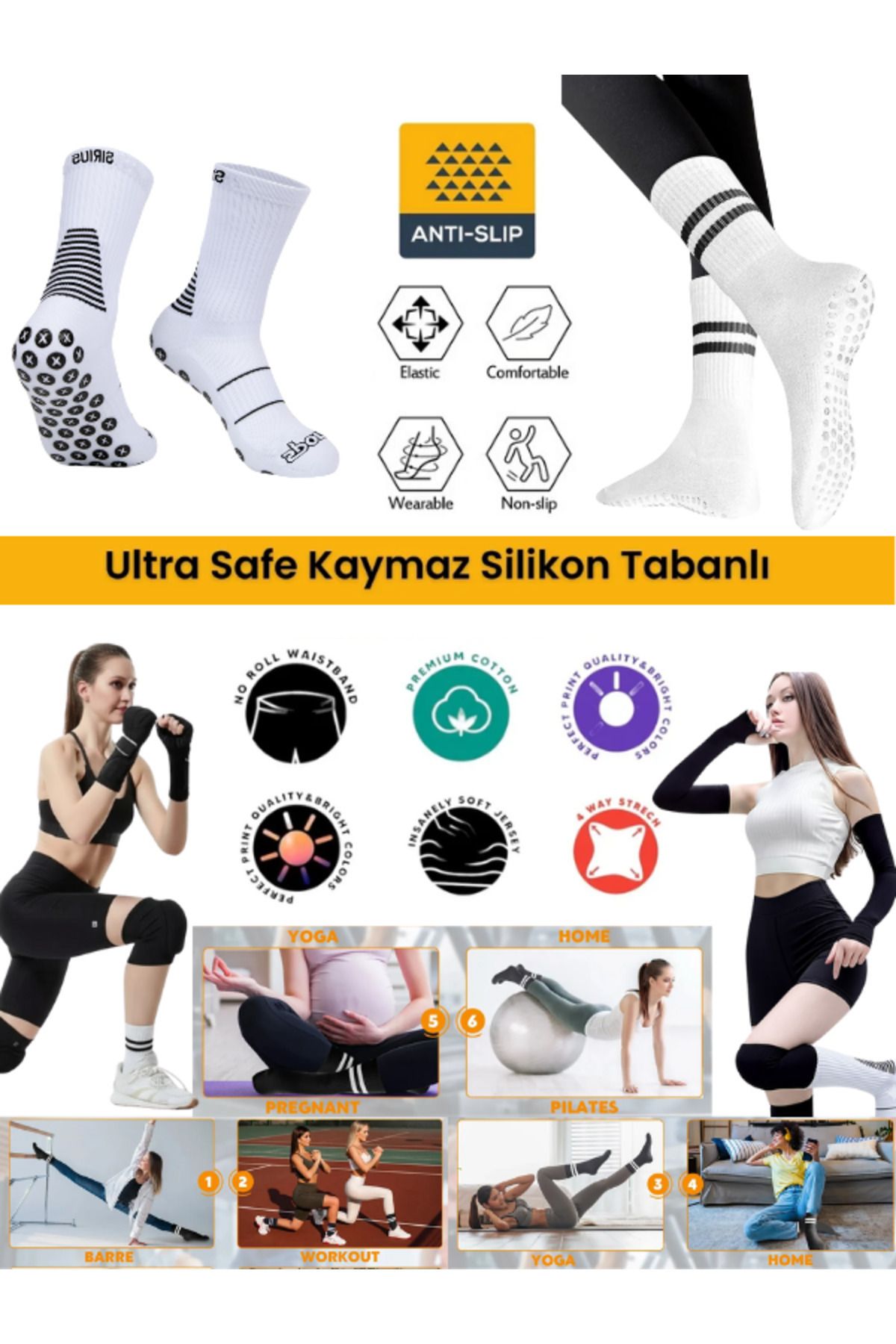 Bellanora Kaymaz Kauçuk Taban Yoga,Bisiklet,Koşu,Fitness,Barre,Home,Workout,Pilates Kadın Beyaz Spor Çorap Set