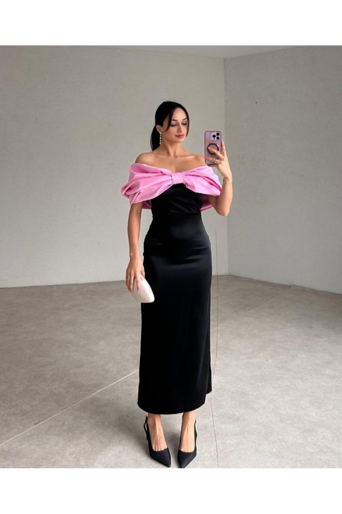 ARUZ MODA Pembe Önü Fiyonklu Elbise