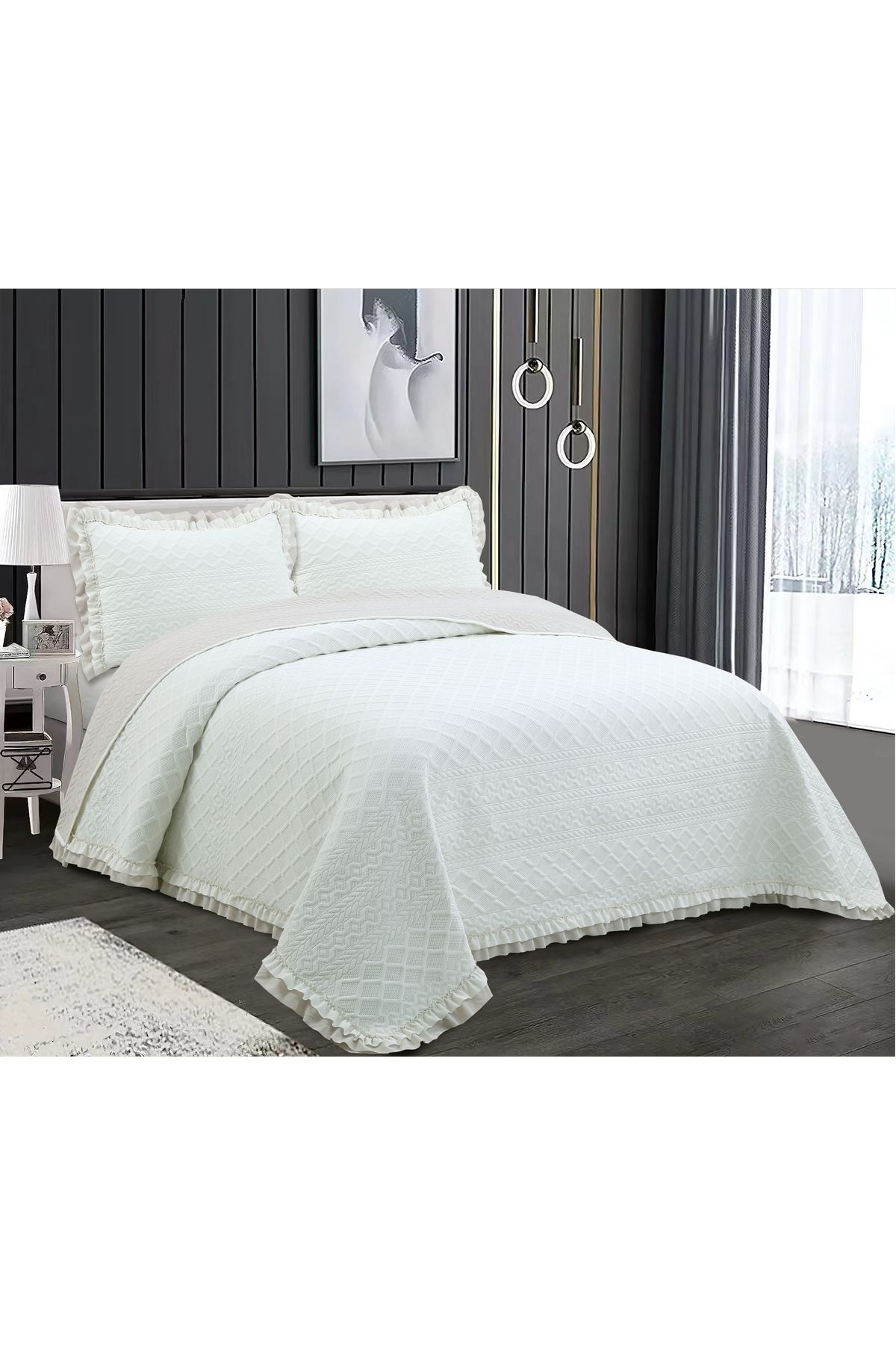 Sivalde Hazel Washed Fırfırlı Çift Kişilik Krem Yatak Örtüsü Takımı