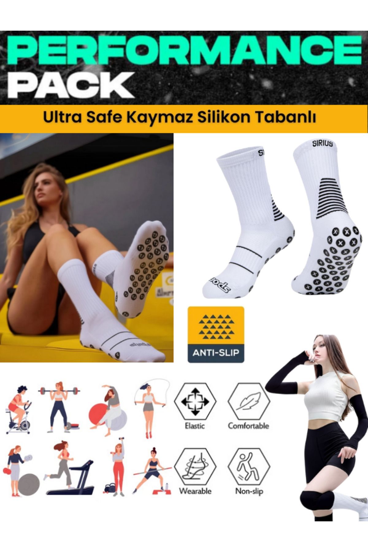 Bellanora Kaydırmaz Silikon Taban Yoga,Bisiklet,Koşu,Fitness,Barre,Home,Workout,Pilates Kadın Beyaz Spor Çorap