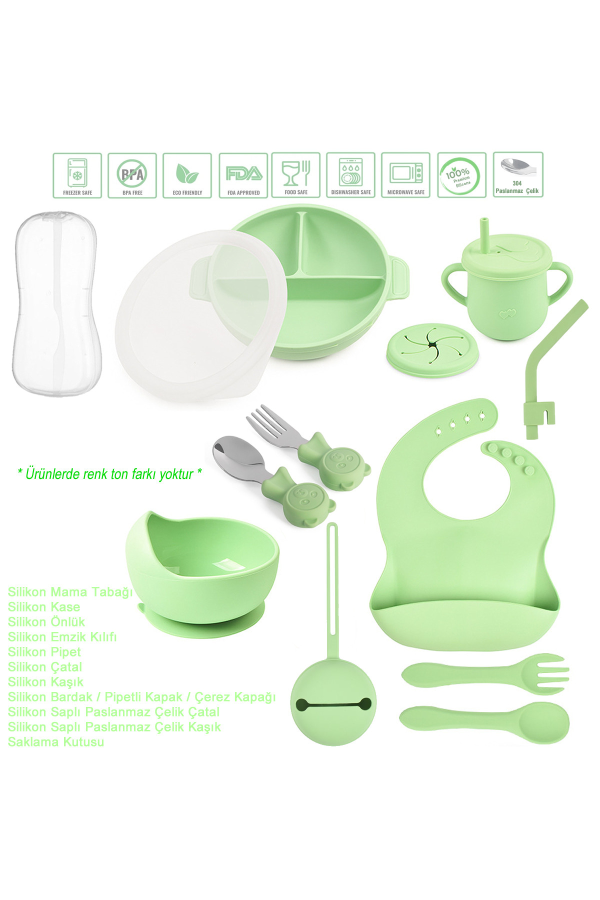 jojobebek Silikon Beslenme Seti Vakumlu Silikon Mama Tabağı Ve Kasesi, Silikon Çatal, Kaşık, Bardak vb (YEŞİL)