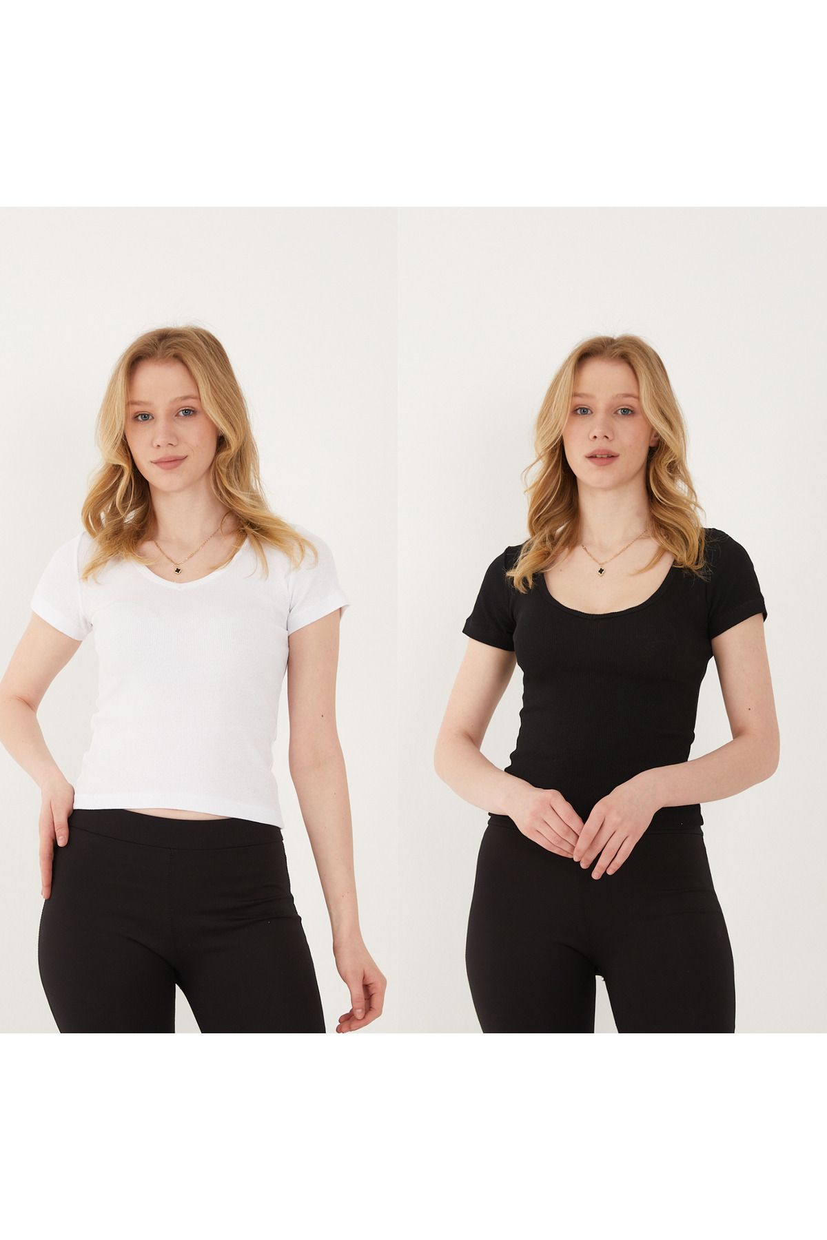 Wearflawless Kadın 2'li Adet V Yaka Fitilli Kısa Kol T-Shirt, Bluz