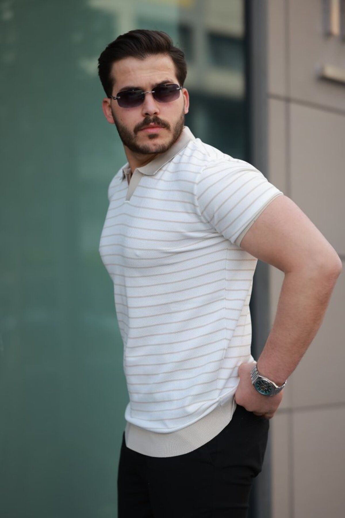 ARUZ MODA Erkek Kısa Kollu çizgi Desenli örme Kumaş Tshirt