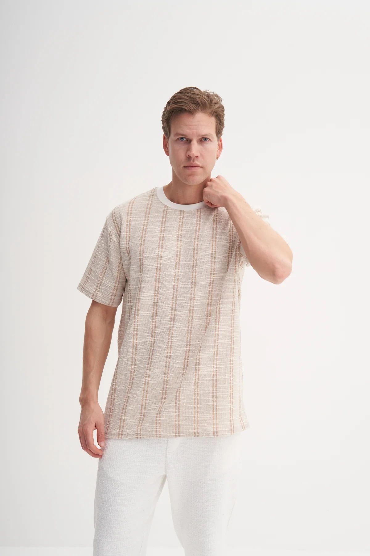 Cazador Erkek Cazador Basic Yazlık Relax Fit Rahat Kesim Petek Dokulu Çizgili Bisiklet Yaka T-Shirt