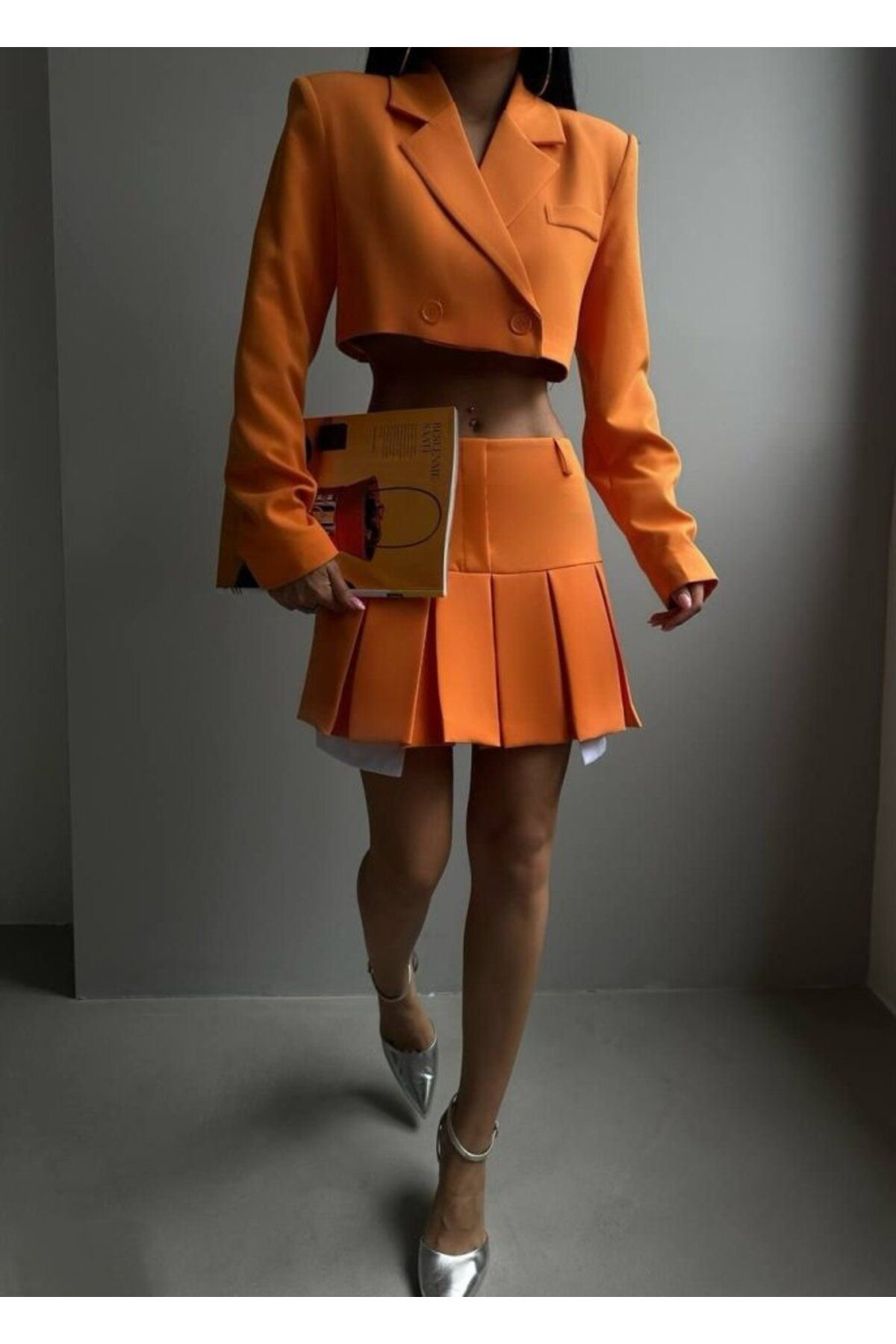 ARUZ MODA Pileli Etek Crop Ceket Takım