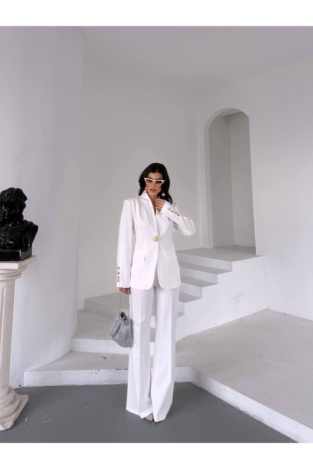 Women's White Single-Breasted Blazer and Trousers Set - Görsel 4