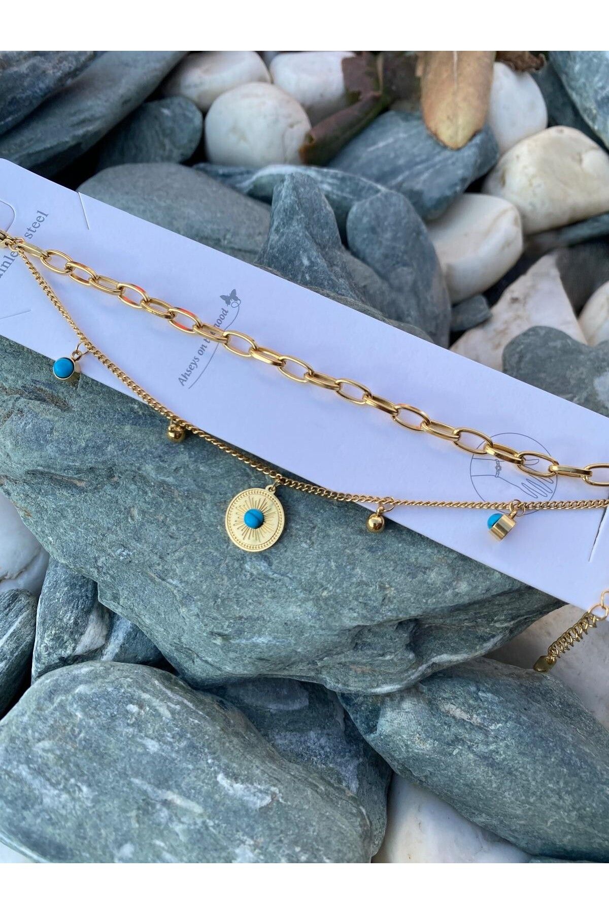 Purplefly Jewels Kadın Mineli Boncuklu Halka Detaylı 316L Kararmaz Gold Renk İkili Zincir Çelik Bileklik PRP-Ç362