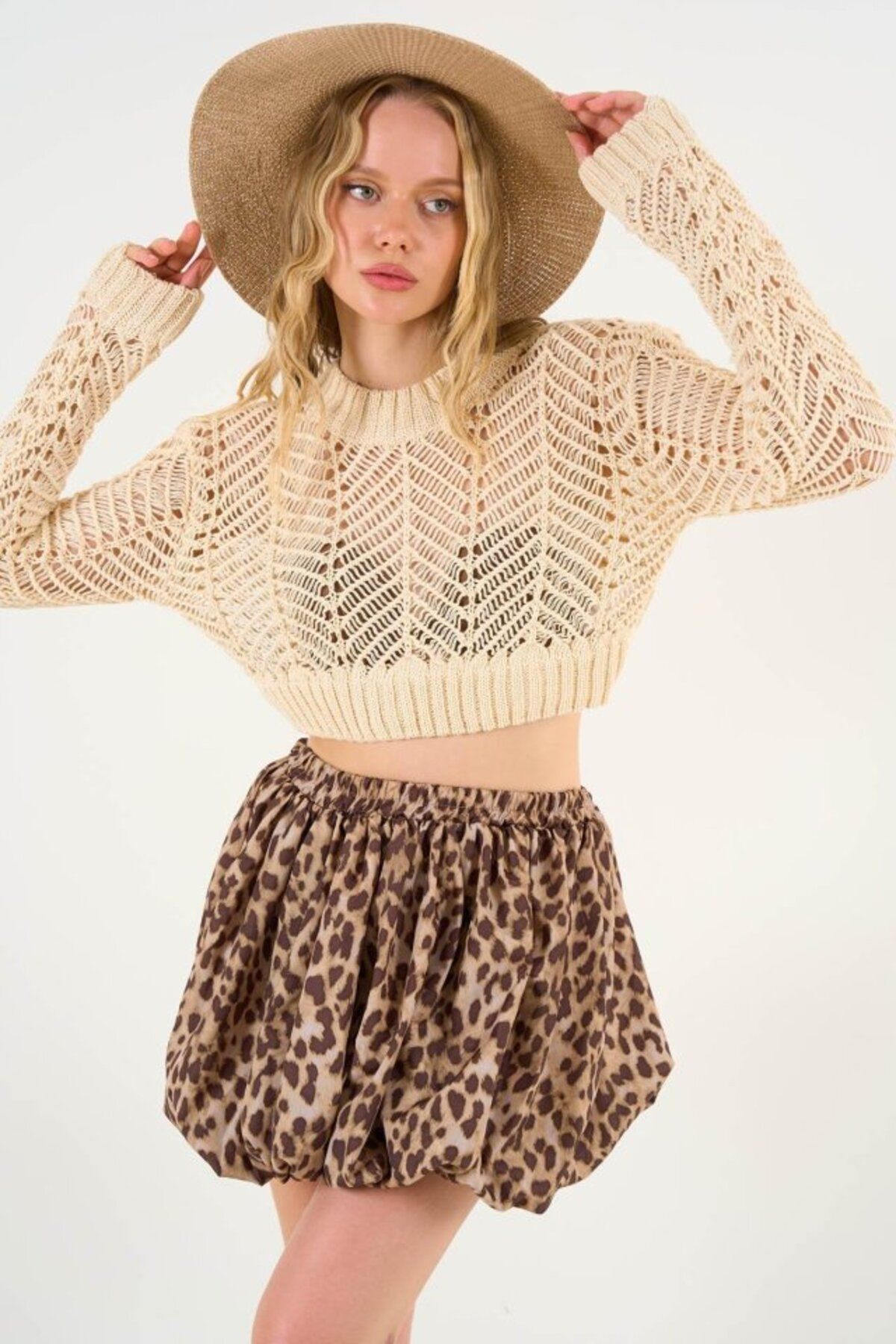 ARUZ MODA Leopar Balon Etek - Leopar Açık Kahve
