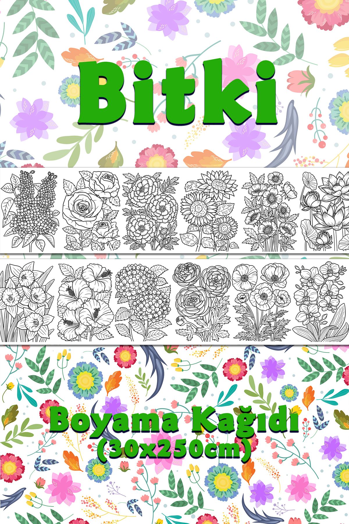 BiWini Bitki Temalı Dev Boyama Kağıdı 2,5 Metre Rulo Boyama Kağıdı - Çocuk Eğitici Boyama