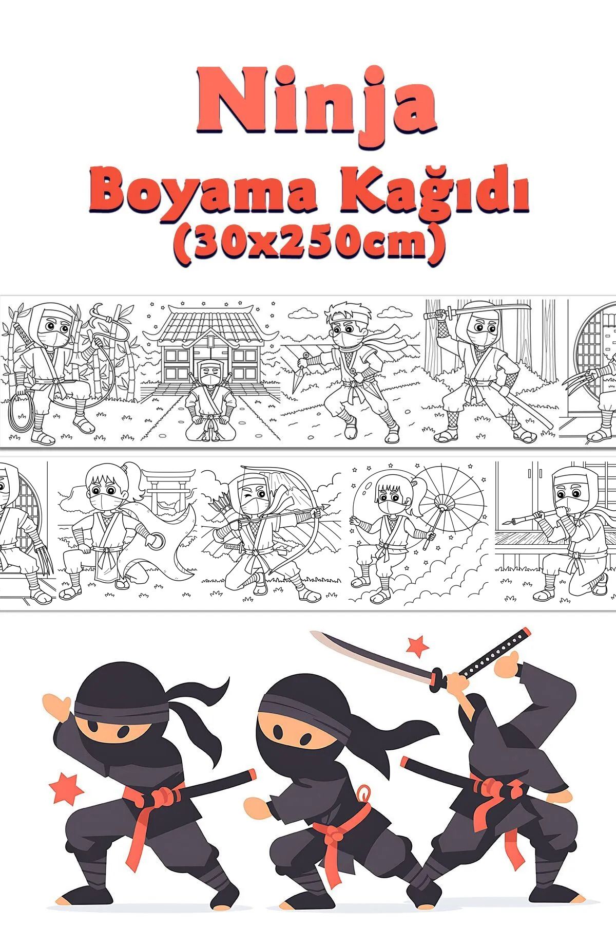 BiWini Ninja Temalı Dev Boyama Kağıdı 2,5 Metre Rulo Boyama Kağıdı - Çocuk Eğitici Boyama
