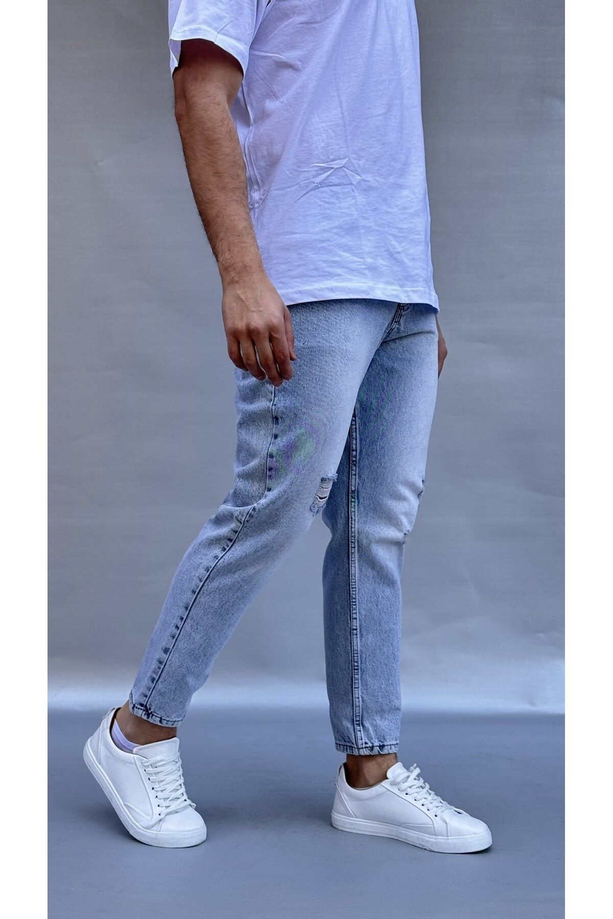 Casualmen32 Yırtık Detay Buz Mavi Boyfriend Pantolon