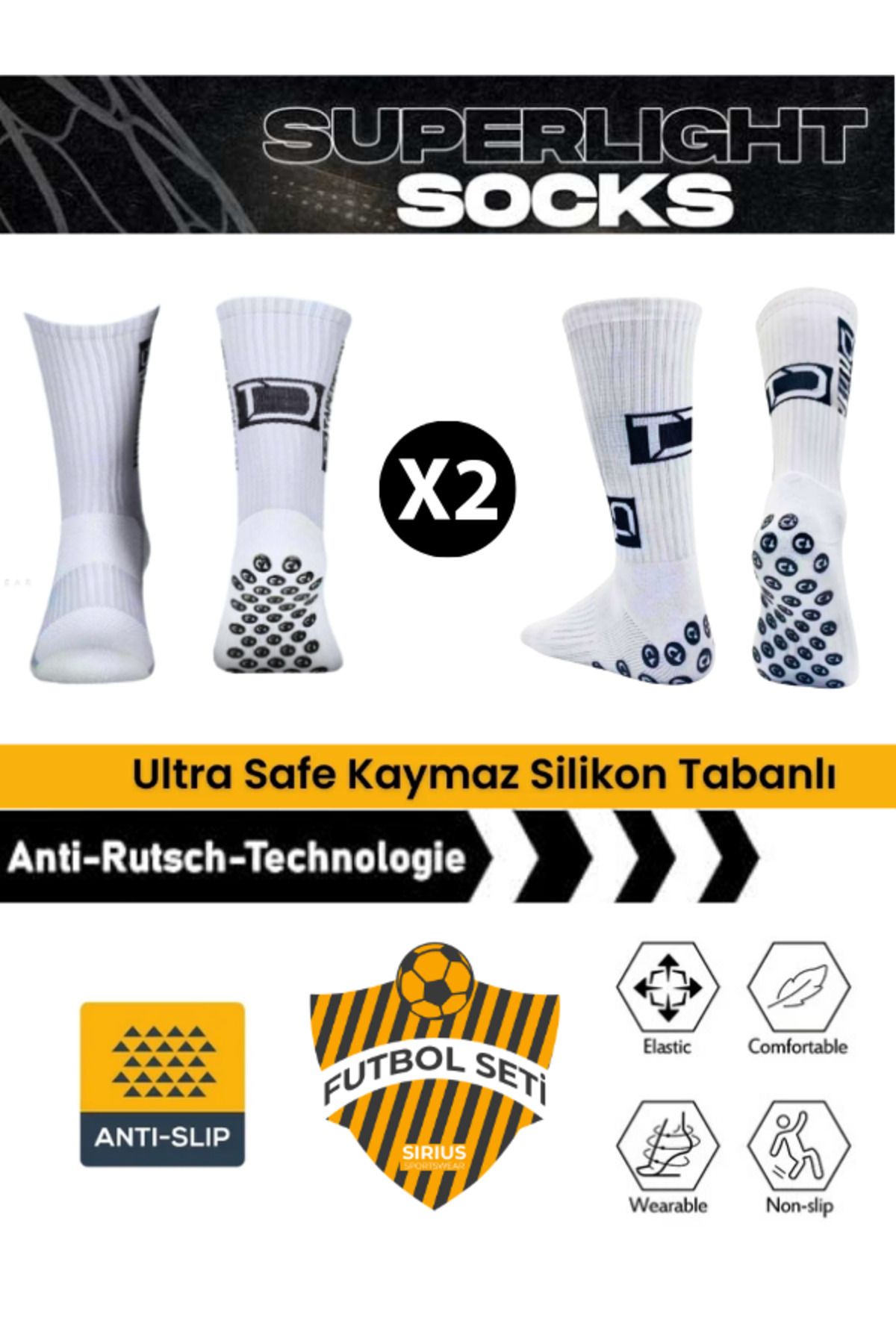 Bellanora 2 Çift Extra Güçlendirilmiş Kauçuk Kaymaz Taban Dikişsiz Futbol,Basketbol,Tenis,Yoga Antrenman Çorap
