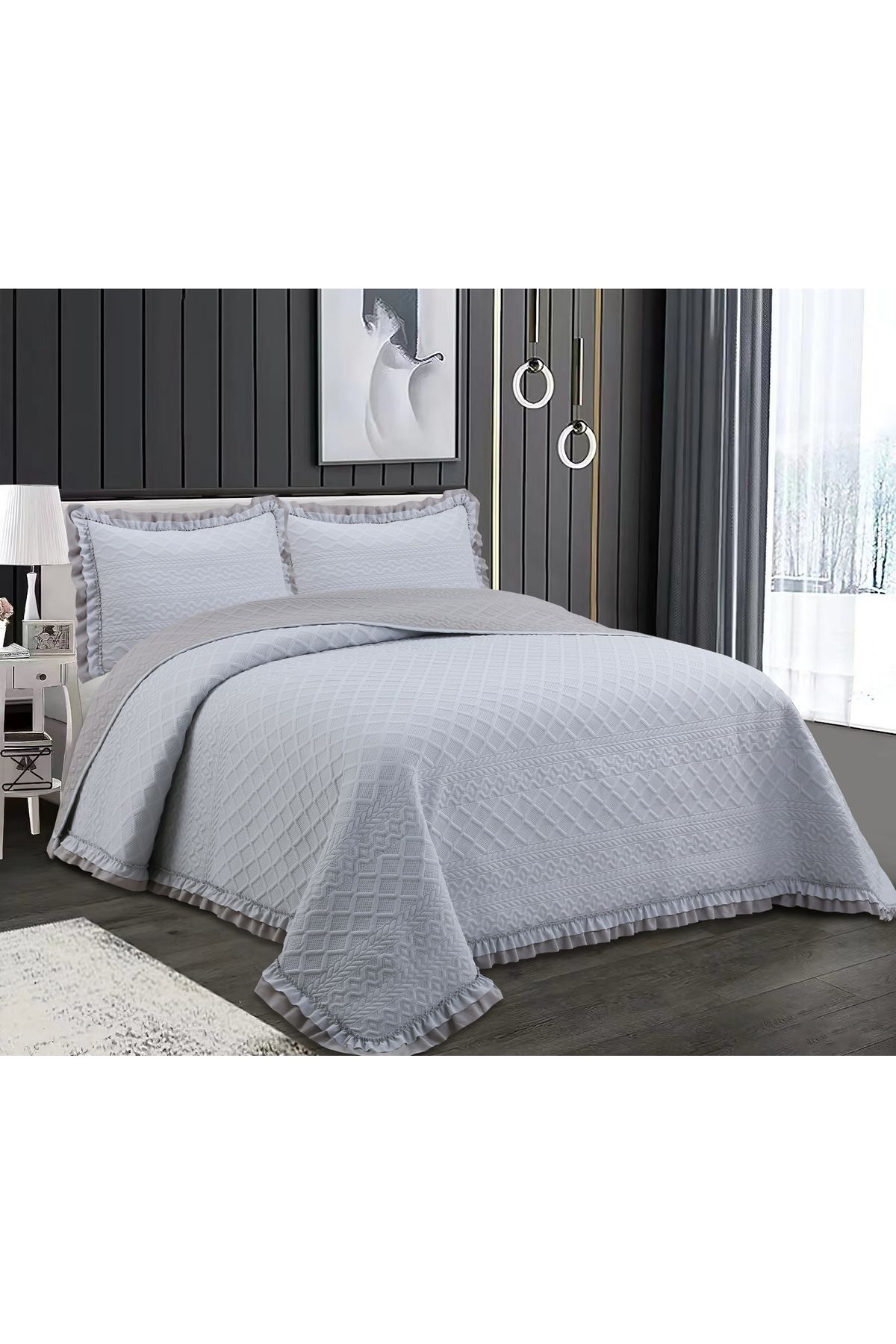 Sivalde Hazel Washed Fırfırlı Çift Kişilik Gri Yatak Örtüsü Takımı