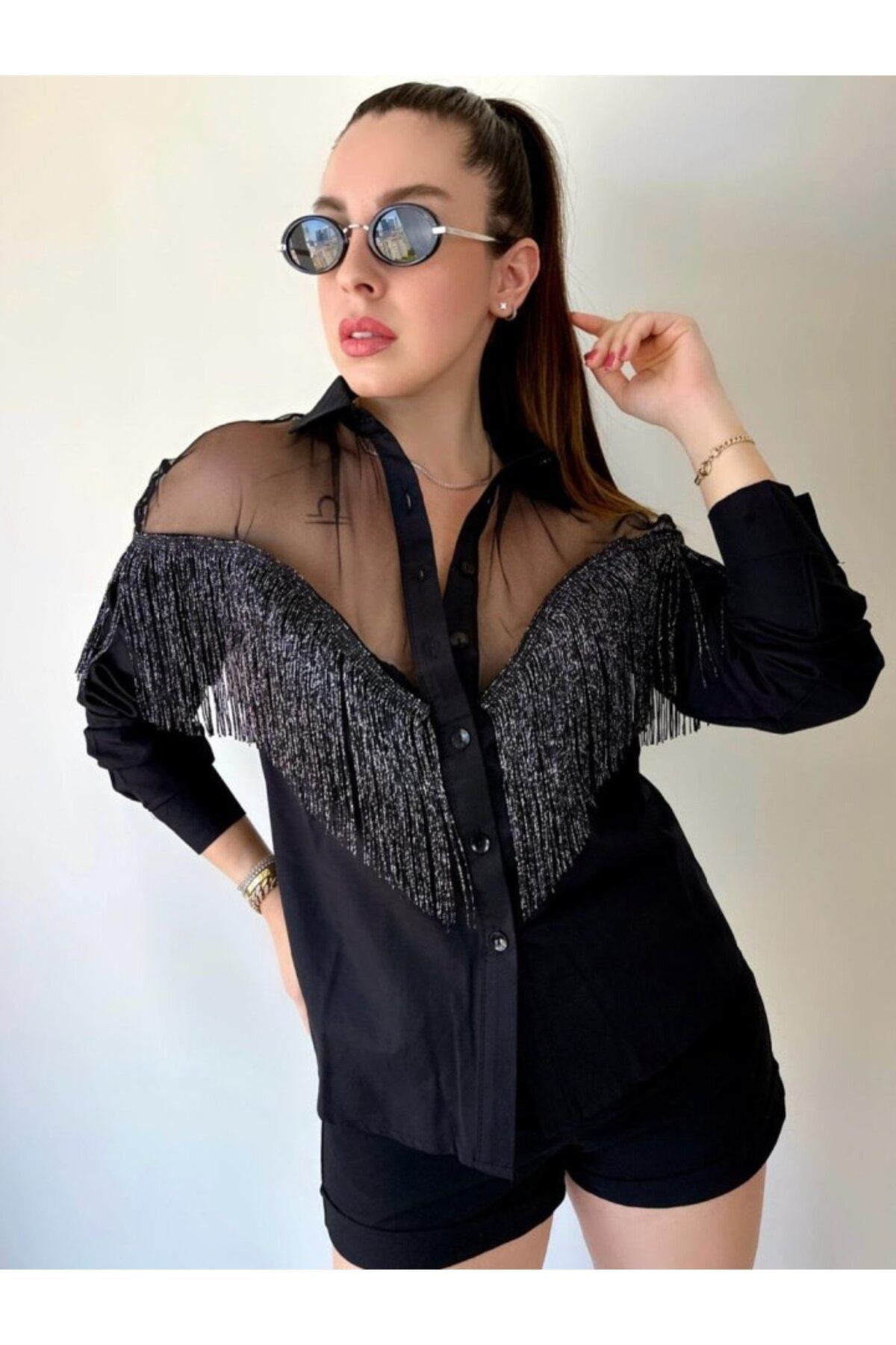 ARUZ MODA Kadın Püskül Detay Poplin Gömlek Bluz Fırsat Ürün