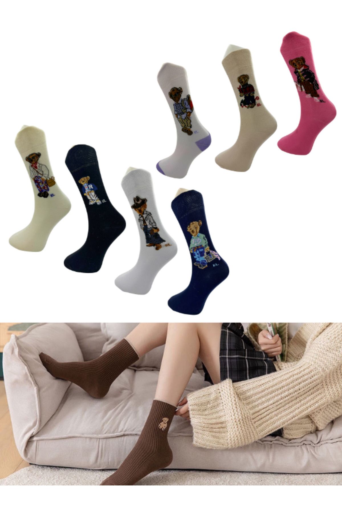 Bellanora 7'li Mona Socks My Teddy Bear Ayı Desenli Renkli Kadın Hediye Çorap Eğlenceli Moda Parfümlü Çoraplar