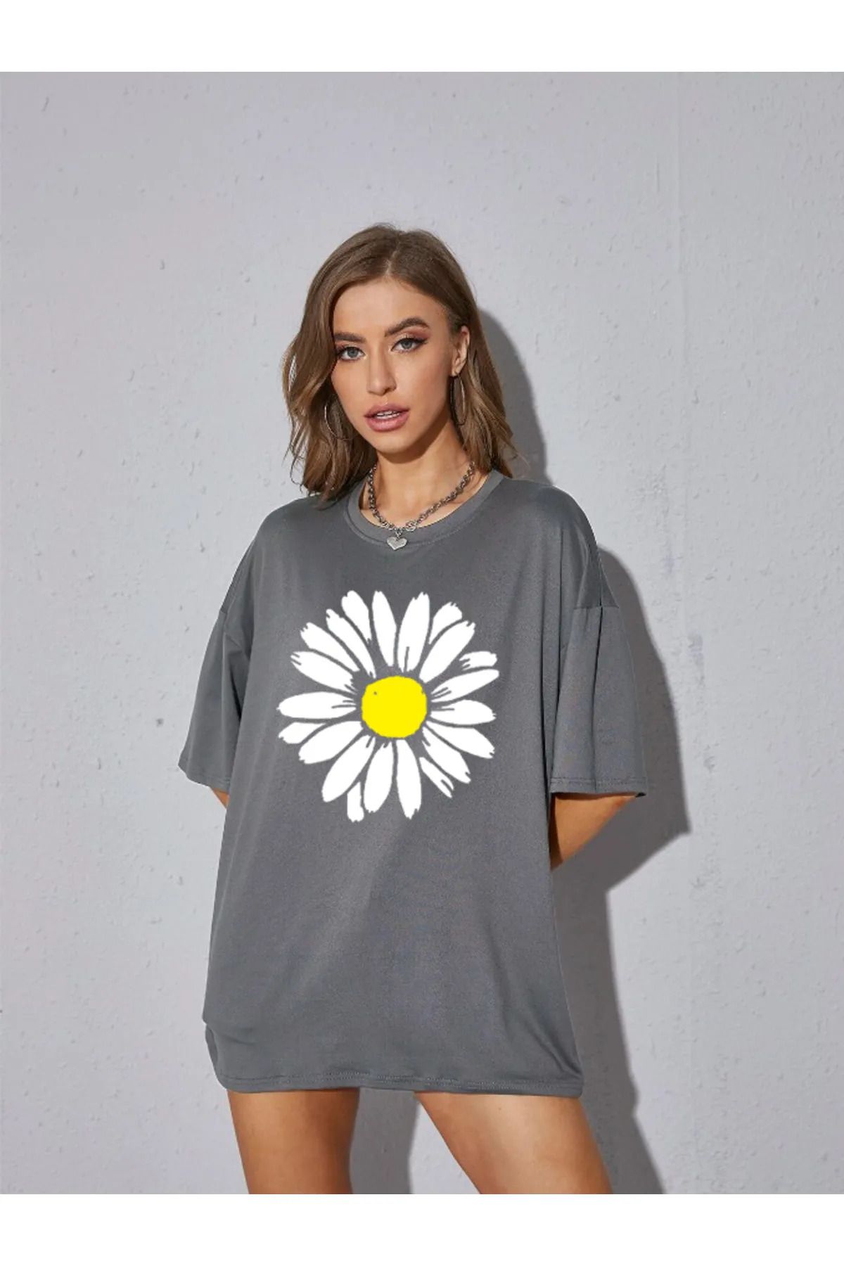 FeaR LeeS Kadın Papatya Özel Baskılı Renkli Oversize Penye Pamuklu Bisiklet Yaka T-Shirt