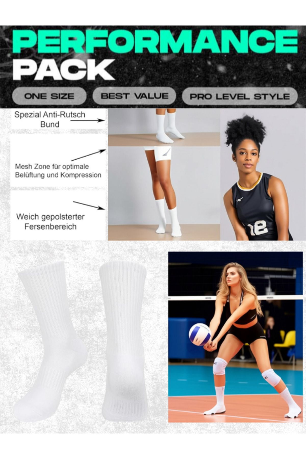 Bellanora Extra Performance Kaydırmaz Terletmez Penye Voleybol Çorabı -Orta Konçlu - Beyaz -Topuksuz- S-501
