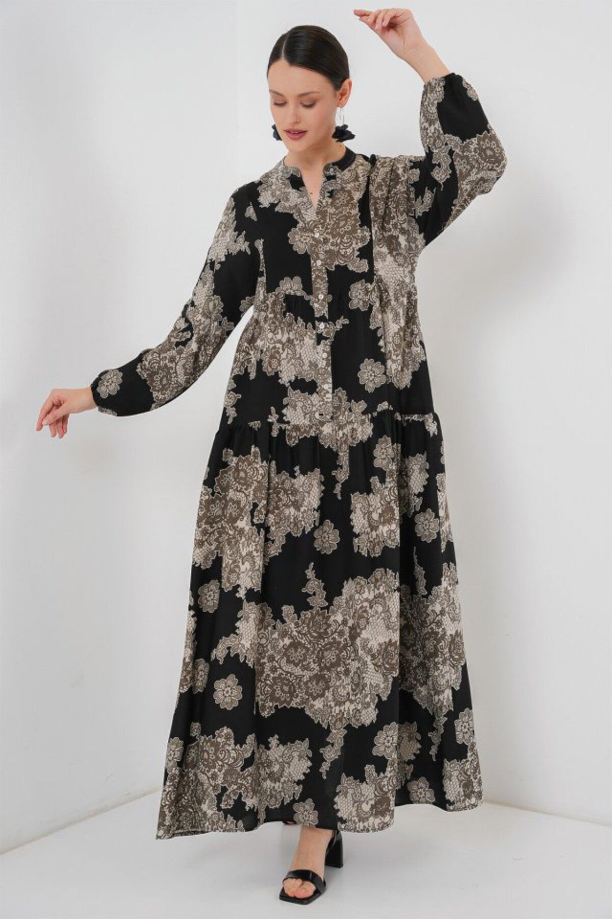 ARUZ MODA 2423 Otantik Desenli Tesettür Elbise - Siyah 7