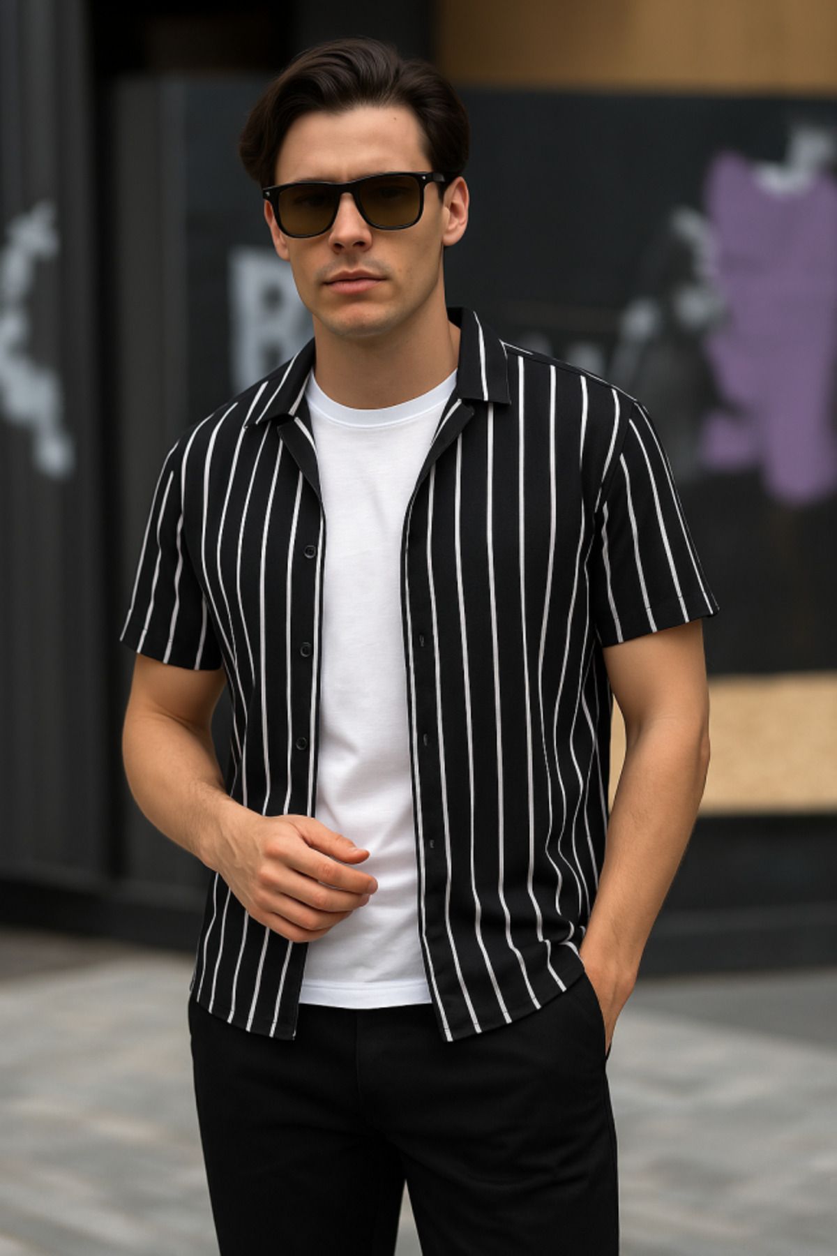 ARUZ MODA Erkek Kısa Kollu Beyaz çizgi Desenli örme Kumaş Pamuklu Gömlek