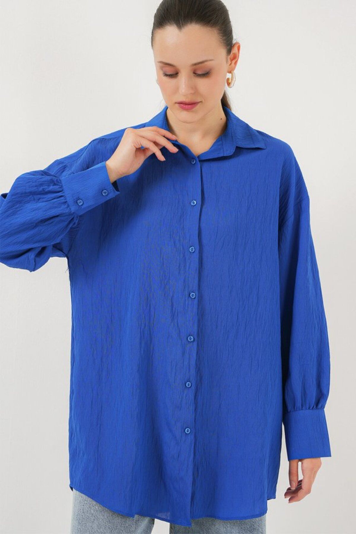 ARUZ MODA Çizgili Uzun Gömlek Tunik 5963 - Saks