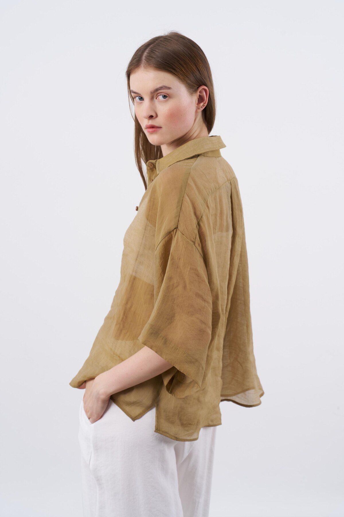 shieba outlet Premium Oversize tulle Kumaş Kısa Kol Gömlek