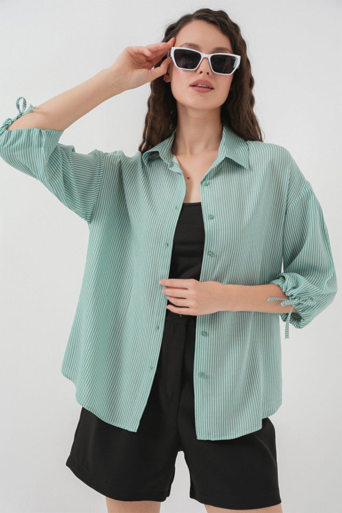 ARUZ MODA Çizgili Oversize Kısa Kol Gömlek 20296 - Mint