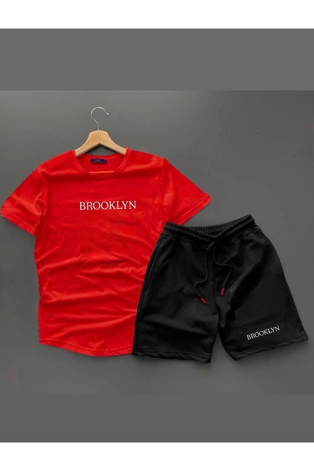 woonkey UNISEX PENYE OVERSİZE RAHAT KALIP BROOKLYN BASKILI TİŞÖRT ŞORT 2'Lİ SET