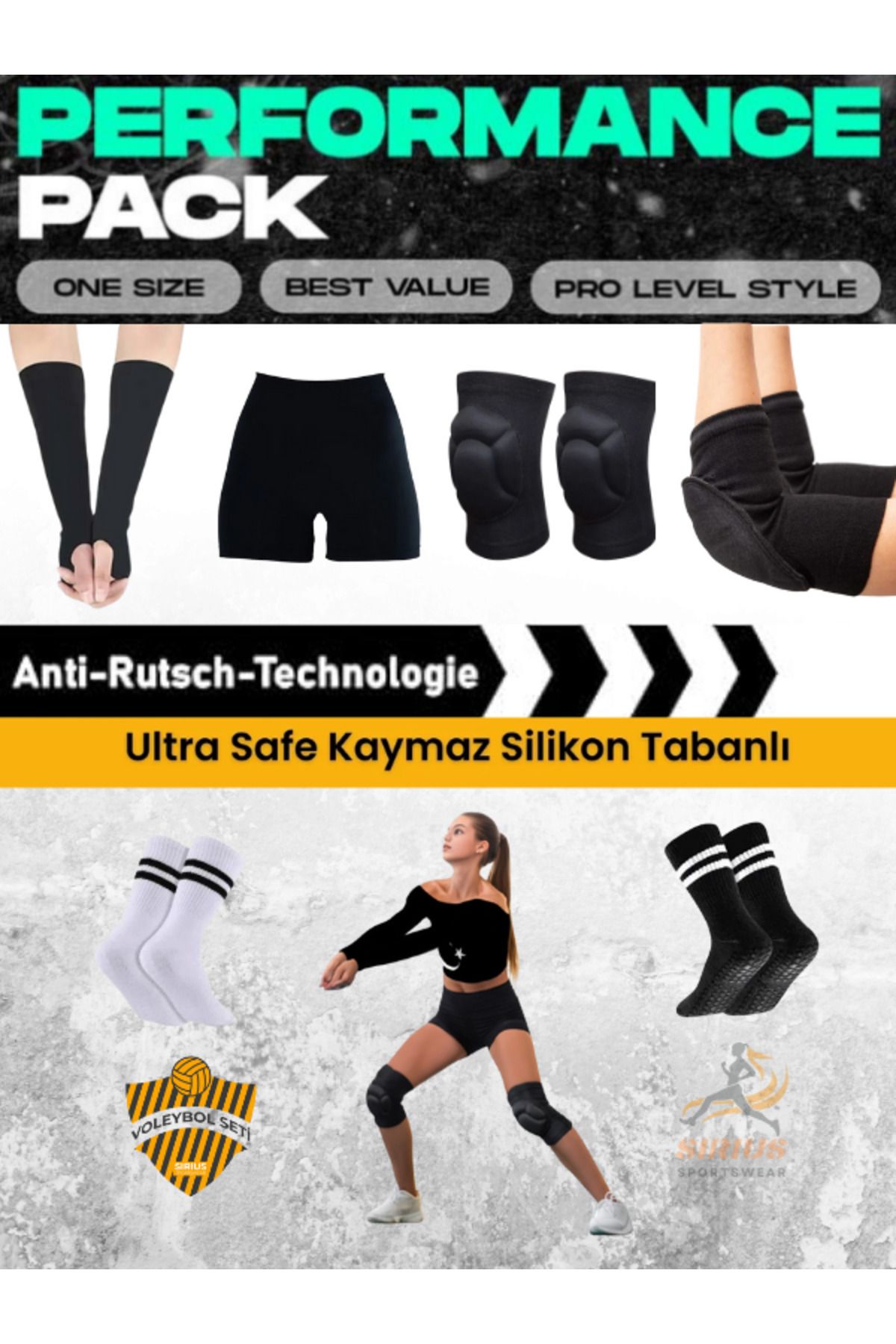 Genel Markalar 11'li Kız Voleybol Seti-Dizlik-Dirseklik-Ellik-Mini Tayt Şort-Kaymaz Silikon Siyah&Beyaz Maç Çorabı