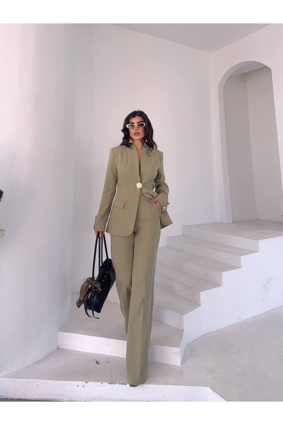 NILOO Kadın Tek Büyük Düğmeli Blazer Ceket Pantalon Takım