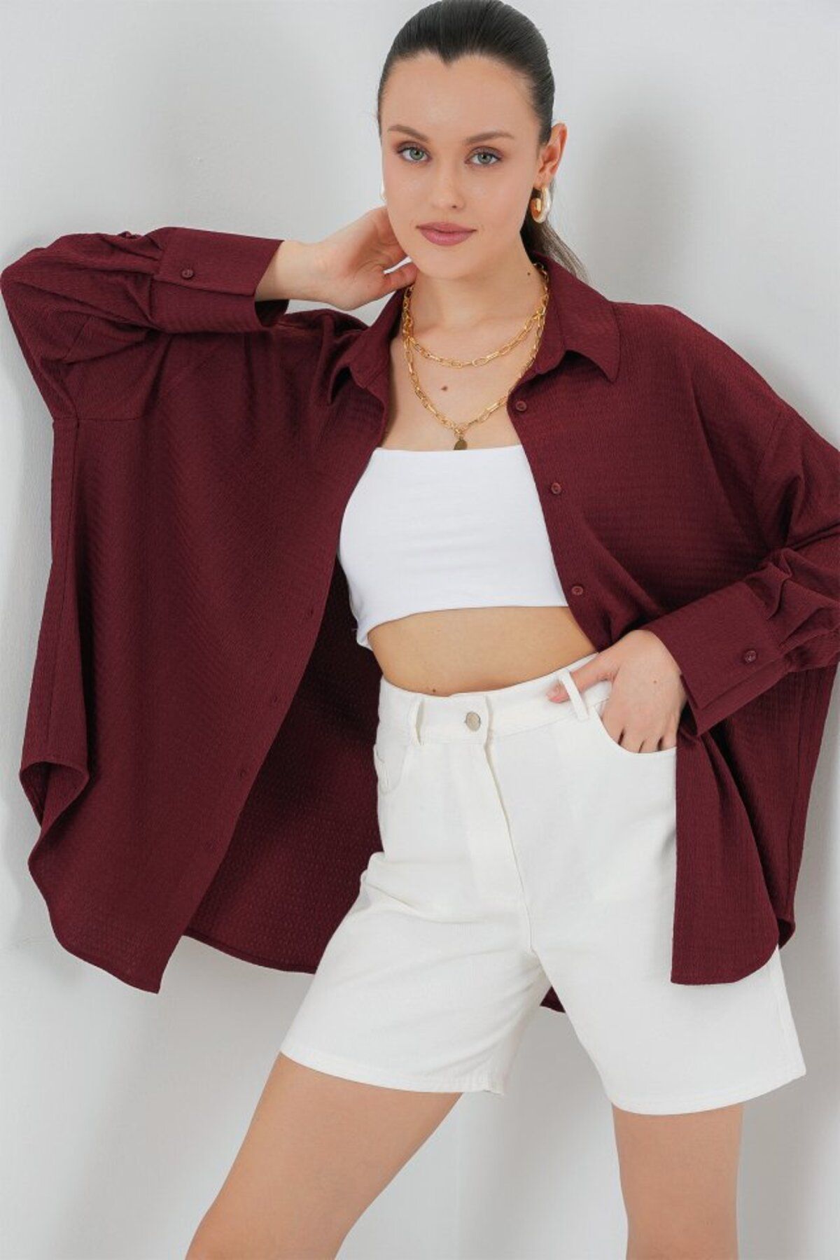 ARUZ MODA Örme Oversize Gömlek 20264 - Bordo
