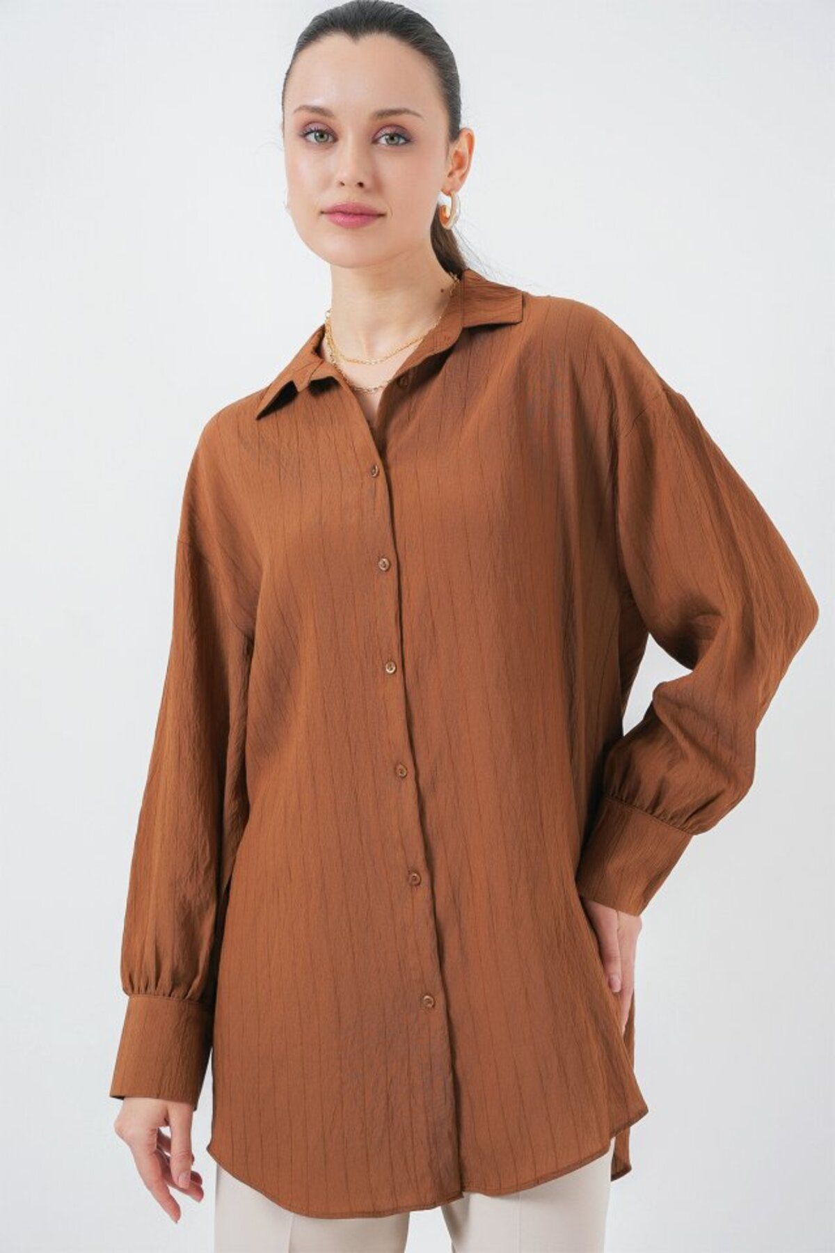 ARUZ MODA Çizgili Uzun Gömlek Tunik 5963 - Kahverengi