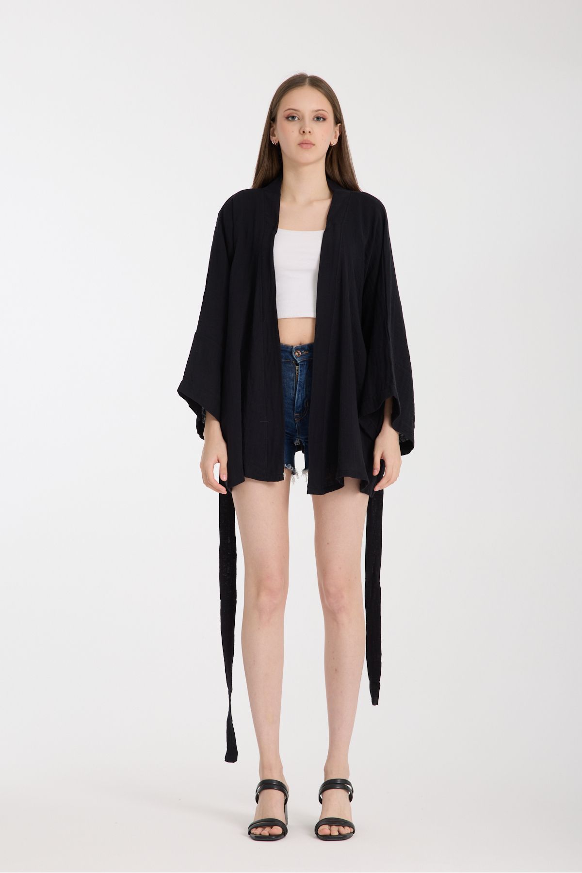MoveBeach İki Katlı Müslin kumaş Kimono pareo kısa boy