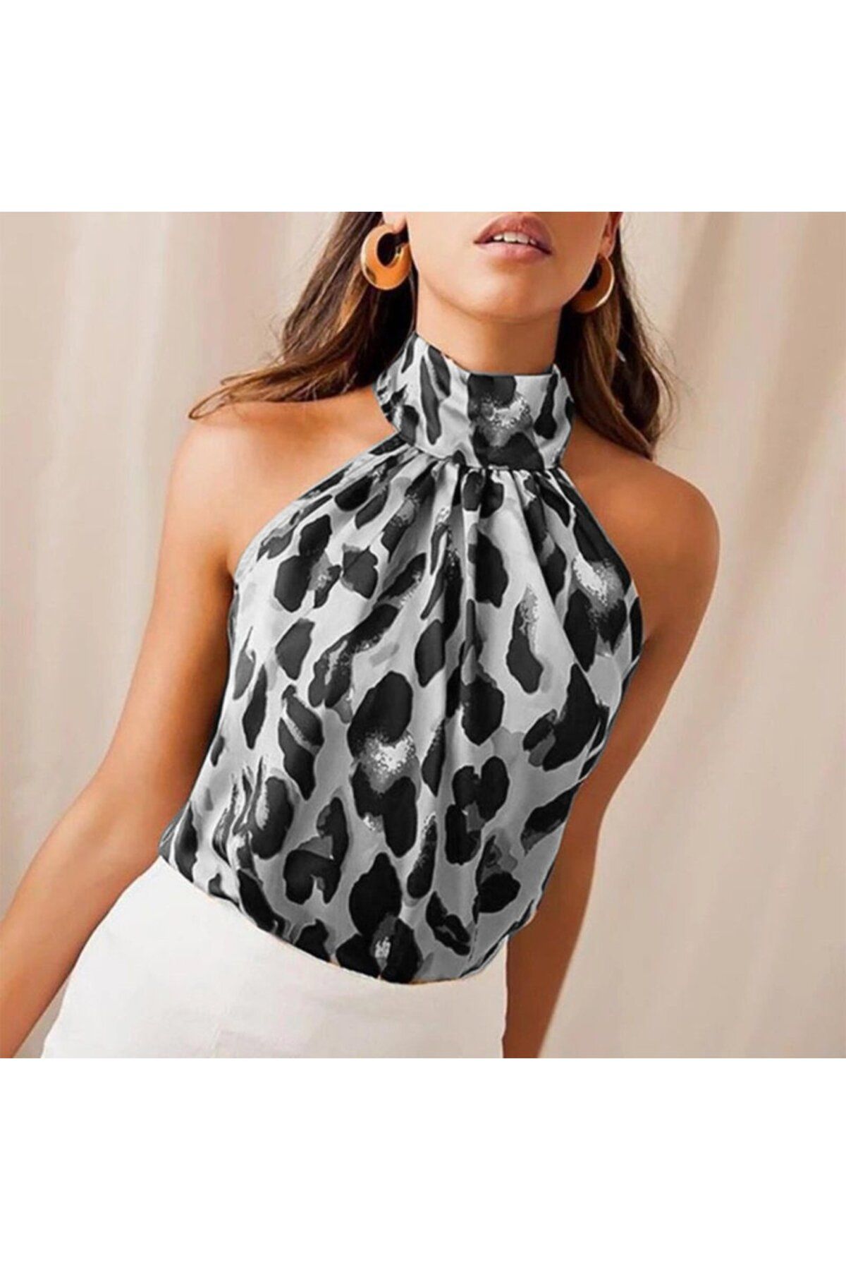 ARUZ MODA Kadın Halter Yaka Leopar Desenli Mikro Kumaş Bluz