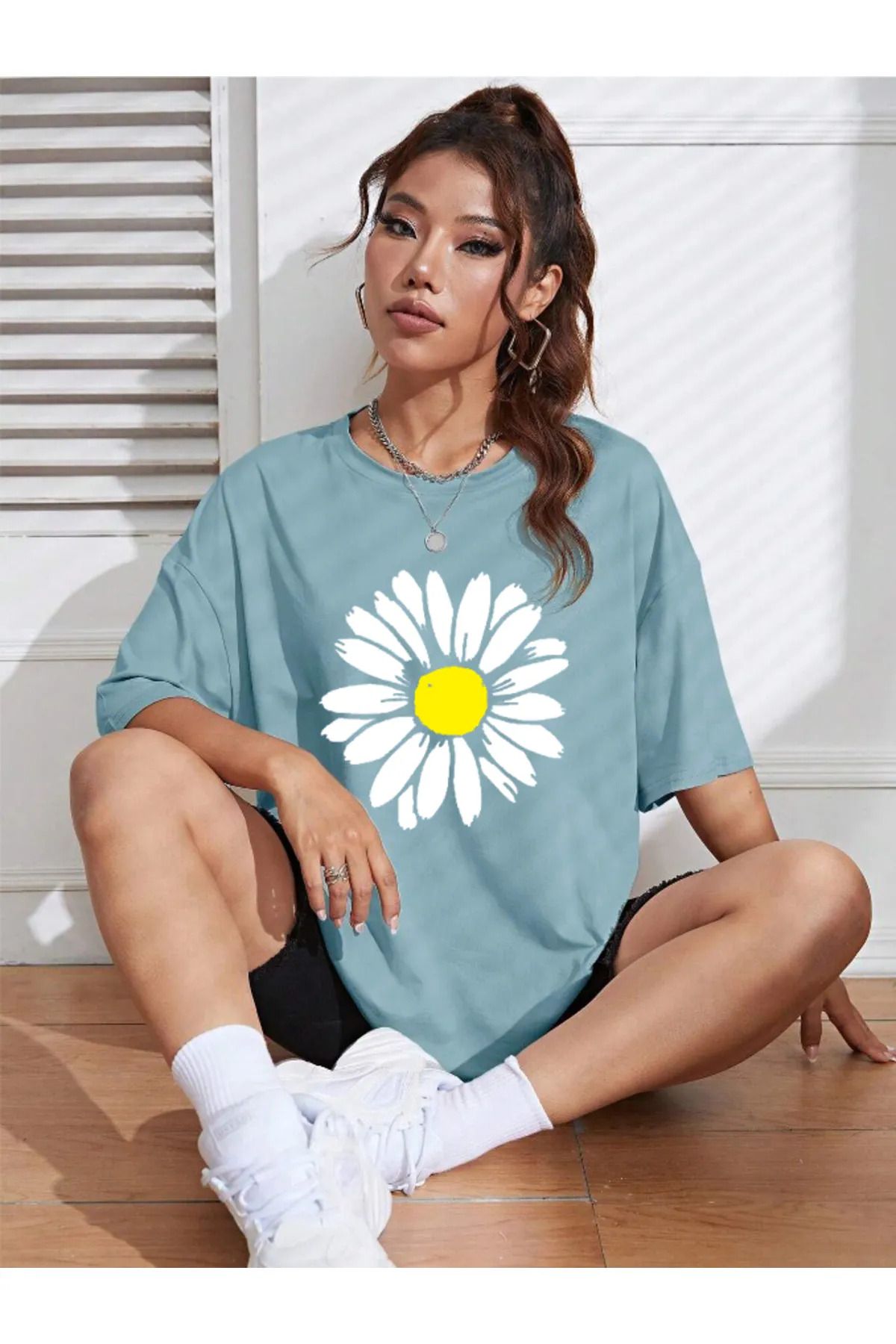 FeaR LeeS Kadın Papatya Özel Baskılı Renkli Oversize Penye Pamuklu Bisiklet Yaka T-Shirt
