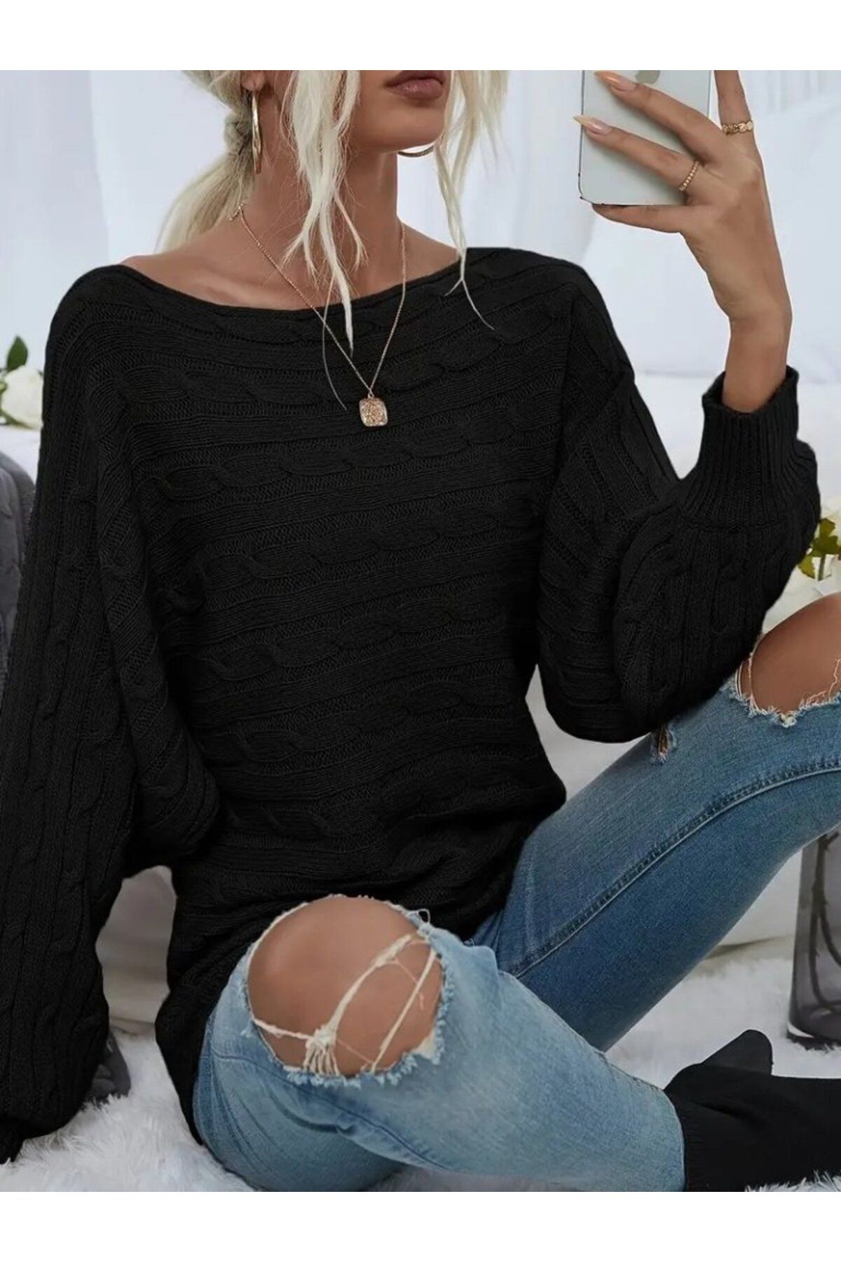 ARUZ MODA Kadın Uzun Kollu Yakası Açık Saç örgü Desenli Triko Bluz