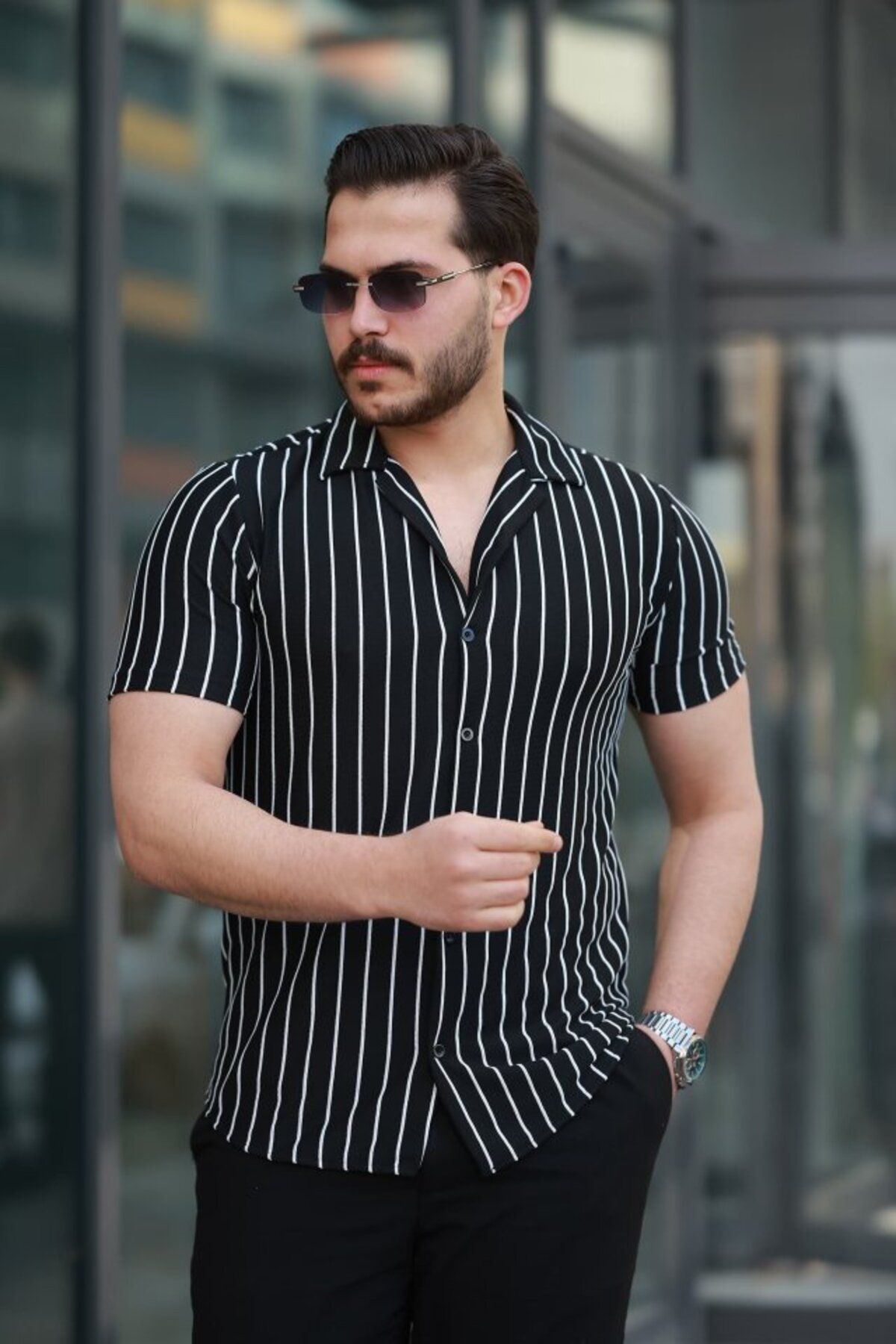 ARUZ MODA Erkek Kısa Kollu Beyaz çizgi Desenli örme Kumaş Pamuklu Gömlek