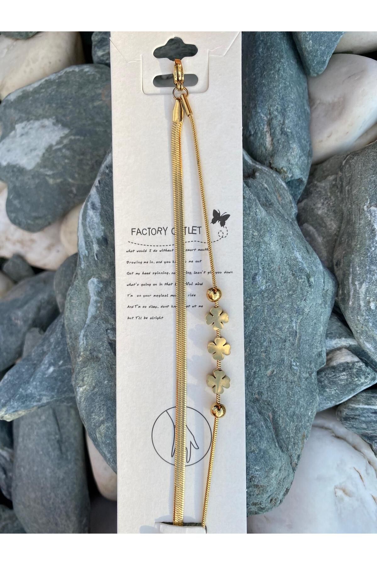Purplefly Jewels Kadın Çiçekli Dorika TopluGold Renk İtalyan Zincir İkili Kararmaz 316L Çelik Bileklik PRP-Ç361