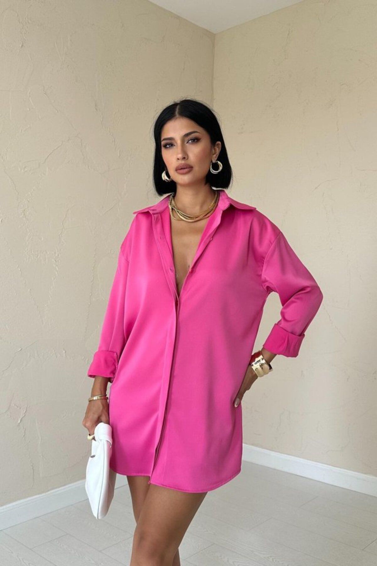 ARUZ MODA Fuşya Çıtçıtlı Saten Gömlek