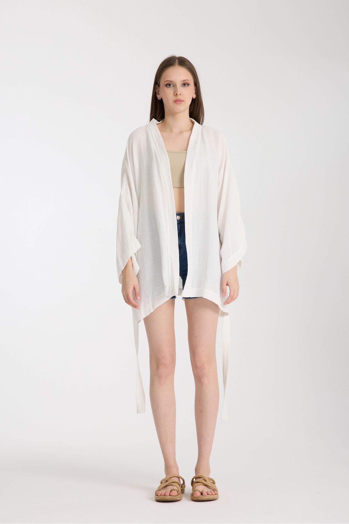 MoveBeach İki Katlı Müslin kumaş Kimono pareo kısa boy