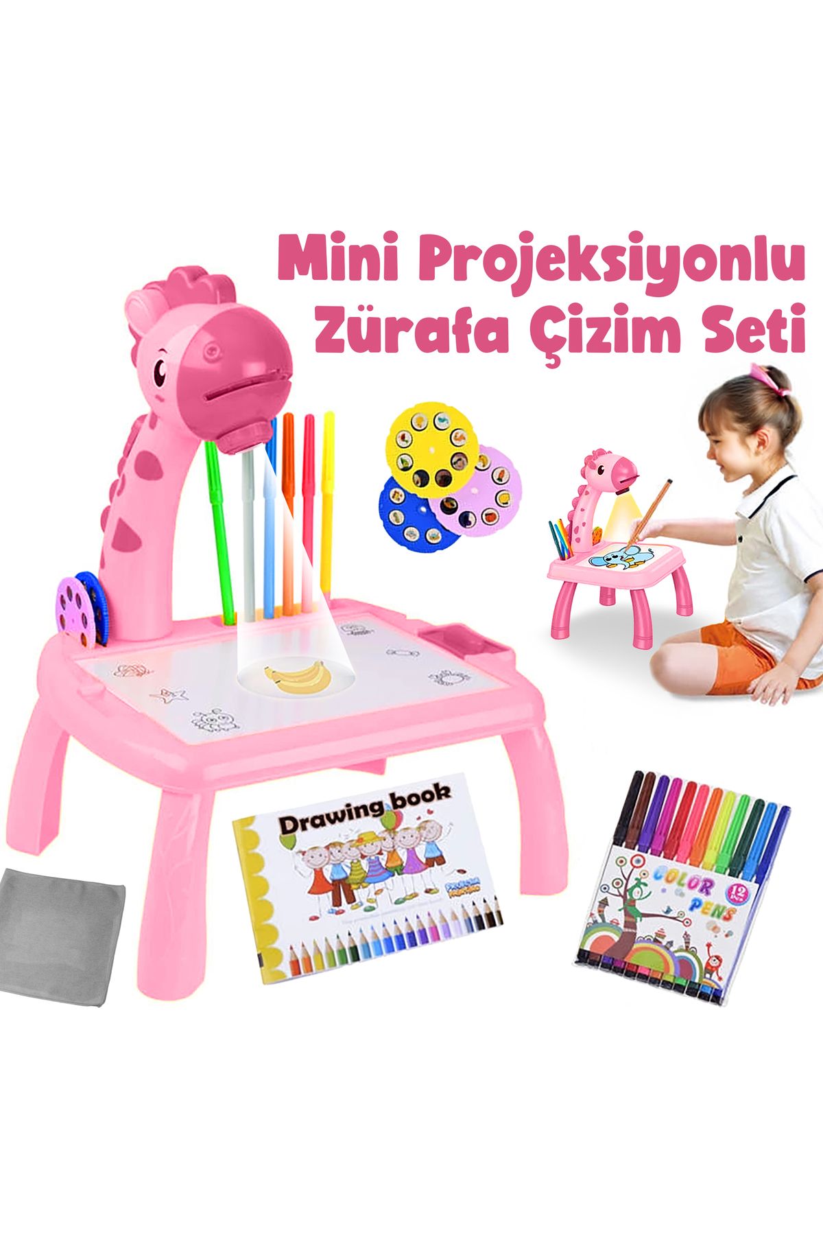 MODA Projeksiyonlu Zürafa Mini Çizim Masası, 12 Renk Boya Kalemi Seti ve Çizim Defteri
