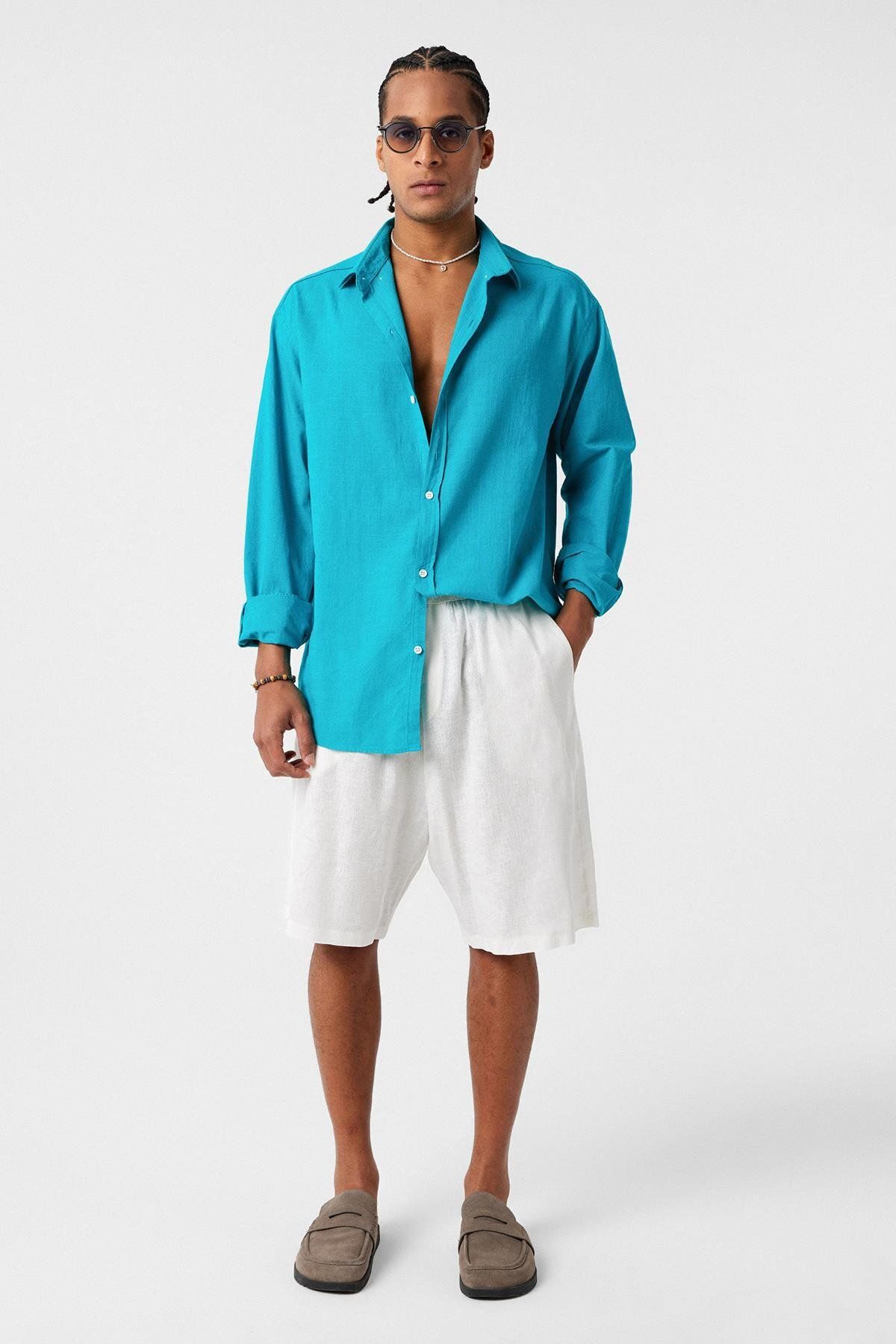 VAMOSCLO Basic Oversize Keten Gömlek Turkuaz