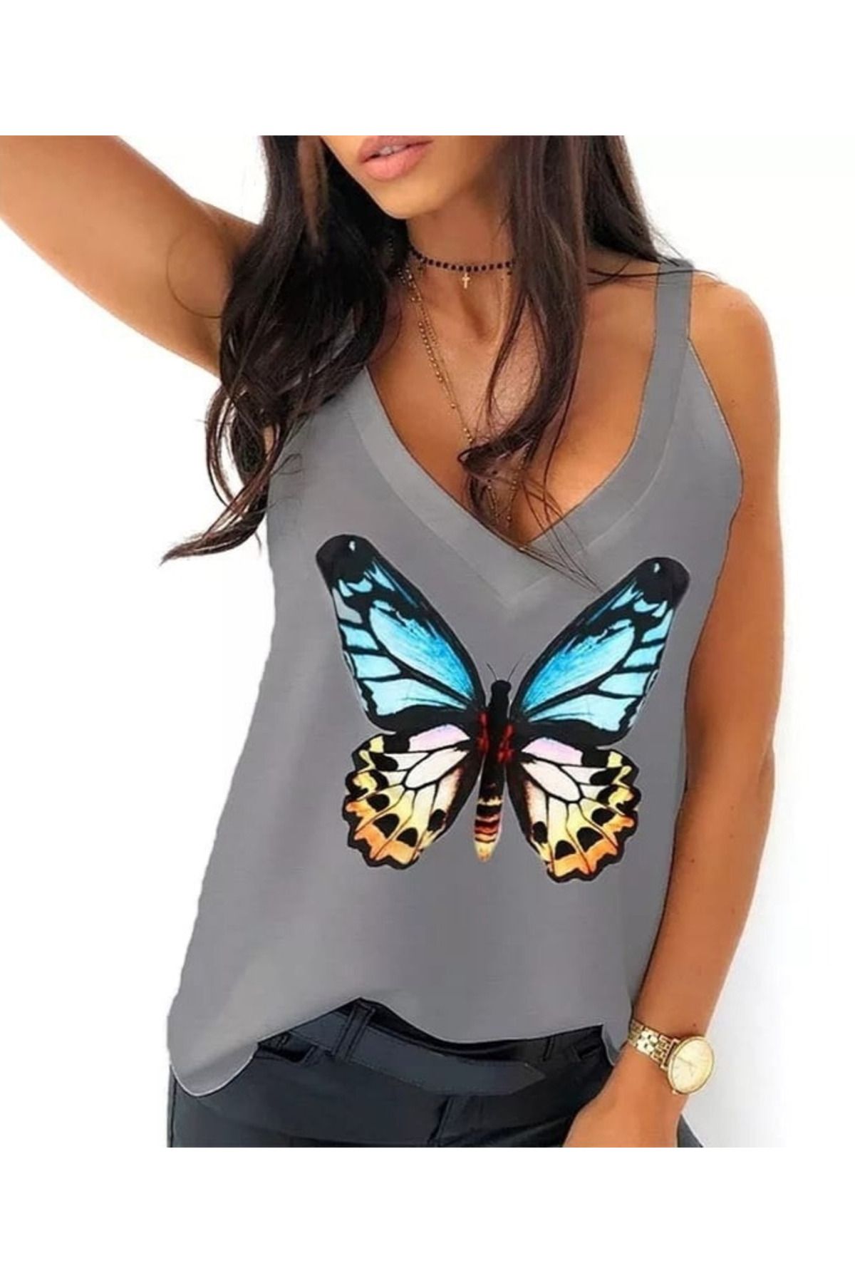 ARUZ MODA Kadın Kelebek Baskılı Sandy Kumaş Askılı Bluz