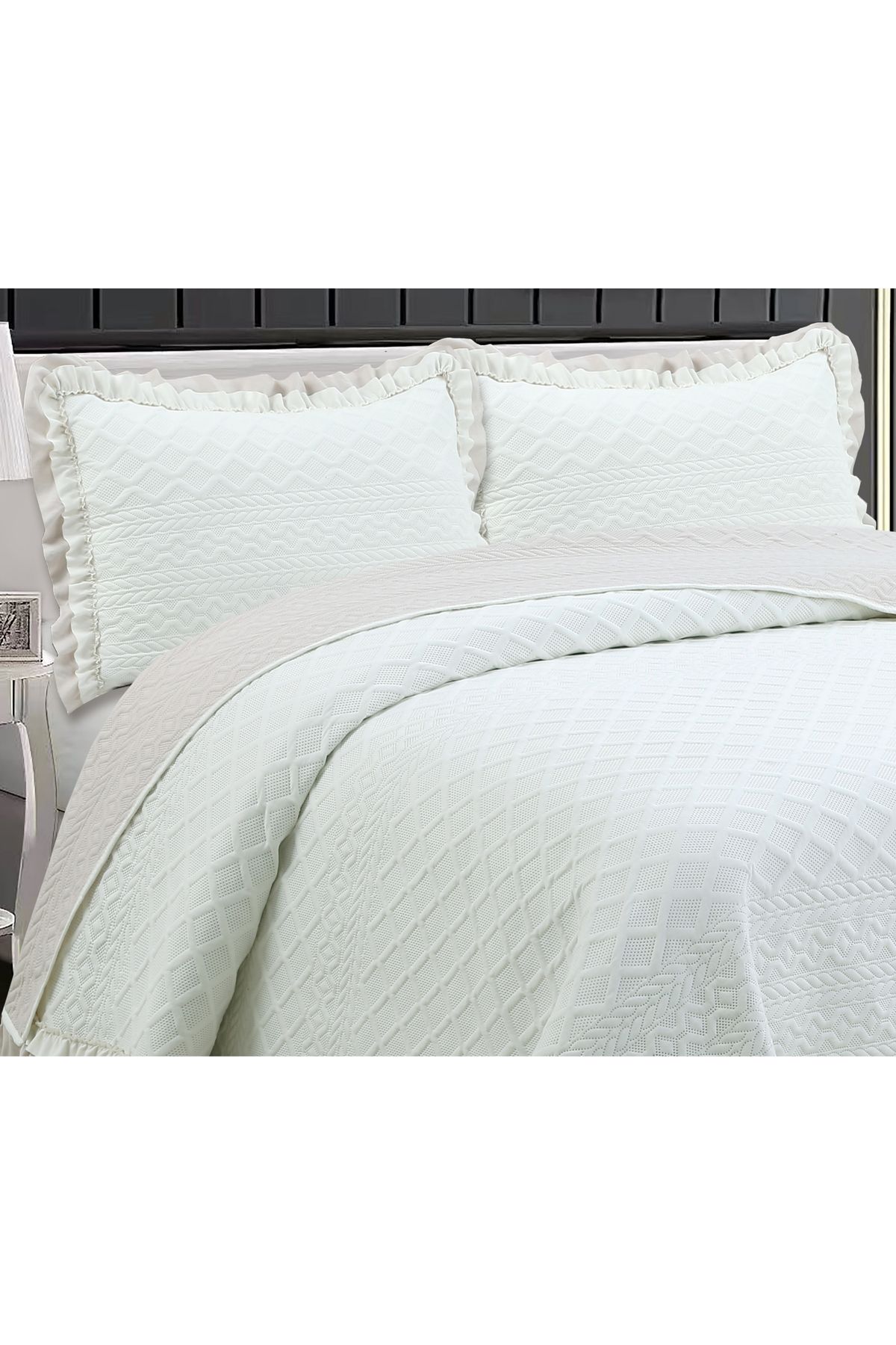 Sivalde-Hazel Washed Frilly Double Cream Bedspread Set 2