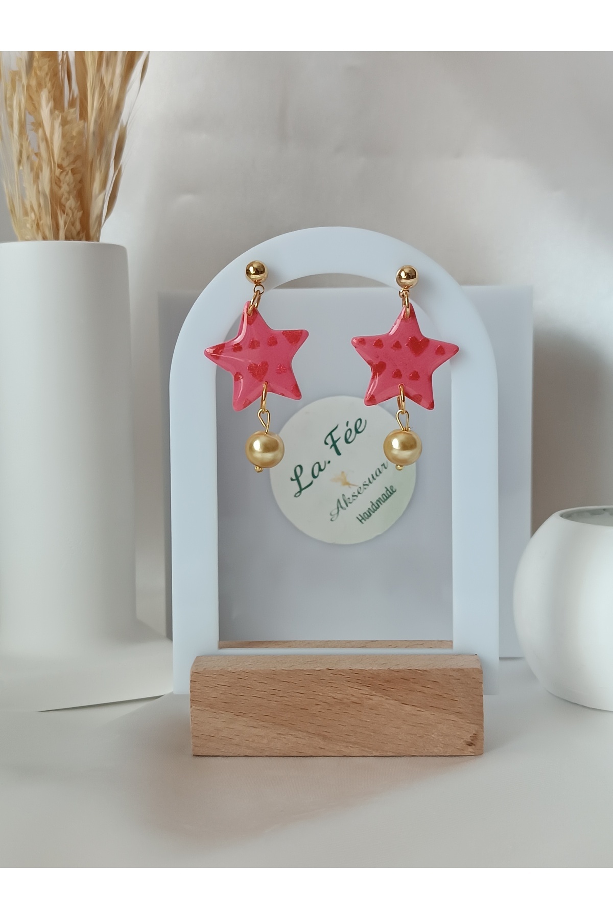 La fee aksesuar-Pink Women's Earrings Polymer Clay Earrings Pink Star Pearl Earrings 3
