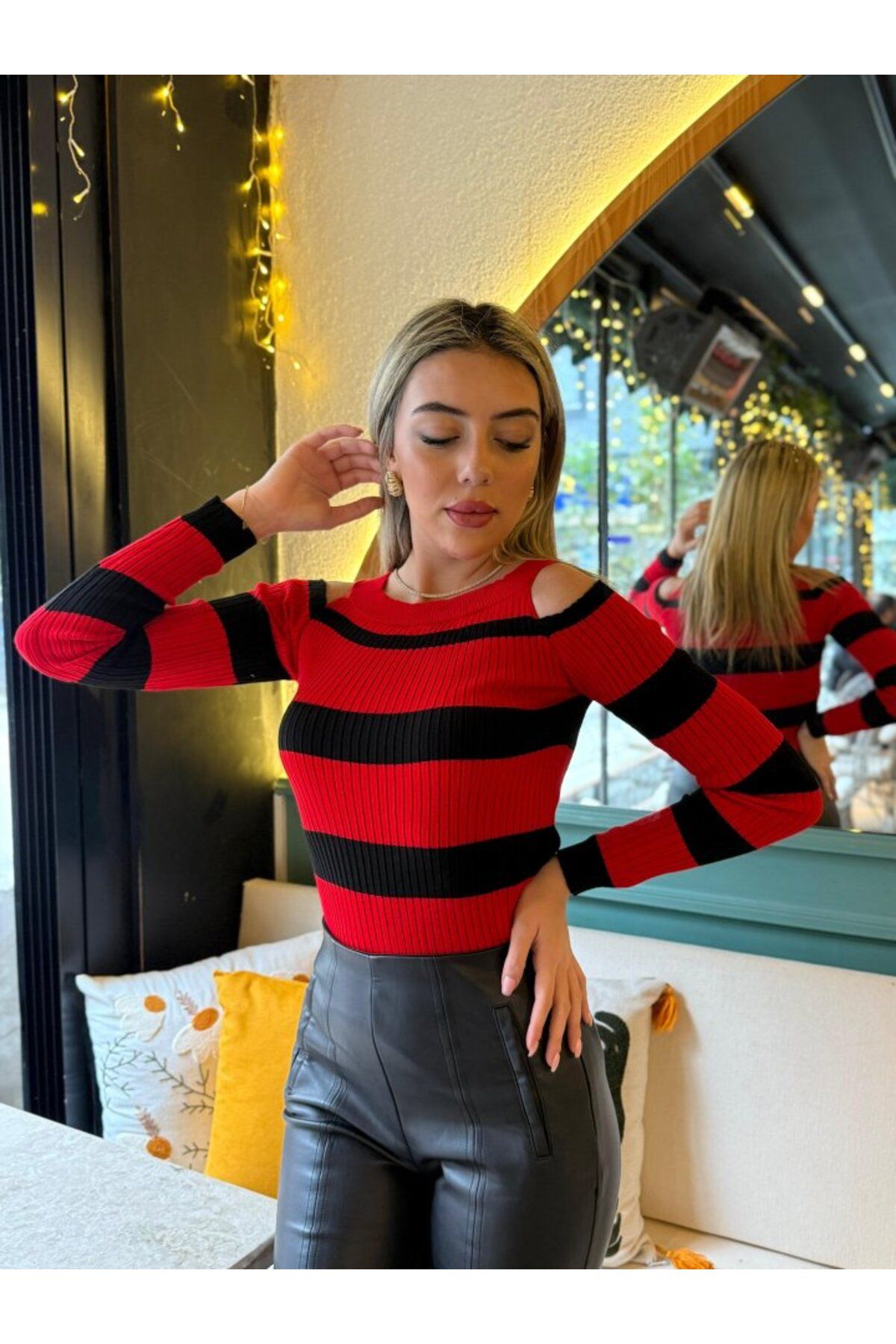 ARUZ MODA Kadın Uzun Kollu Bisiklet Yaka Omuzları Açık Triko Bluz